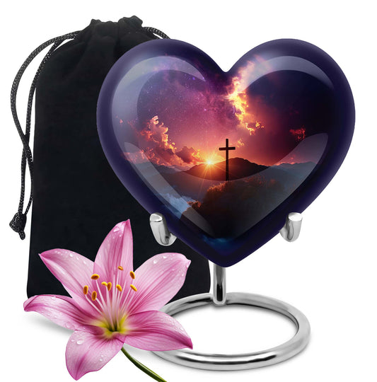 10-inch heart-shaped cross urn for women's ashes, Gramophone-themed, made of aluminium