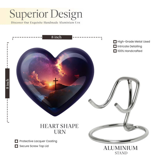 10-inch heart-shaped cross urn for women's ashes, Gramophone-themed, made of aluminium