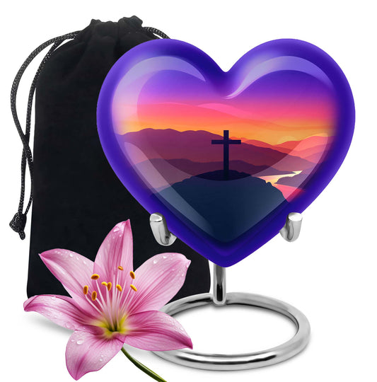 10-inch Heart-shaped Cross Urn for Dad, includes velvet pouch, customizable for memorials