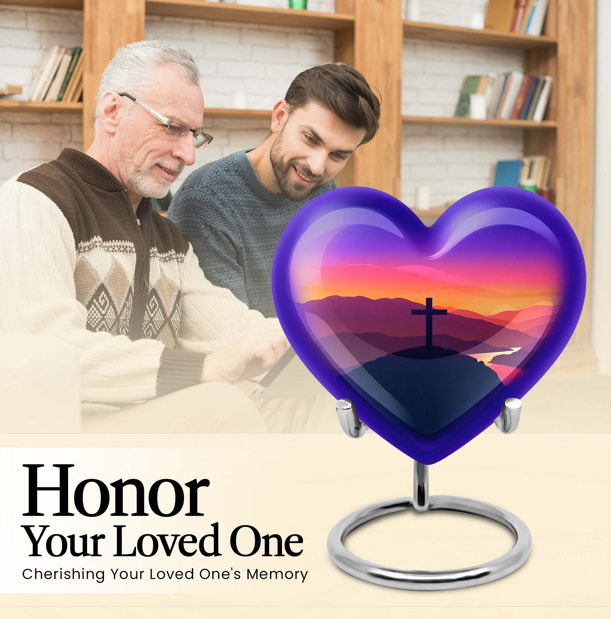 10-inch Heart-shaped Cross Urn for Dad, includes velvet pouch, customizable for memorials