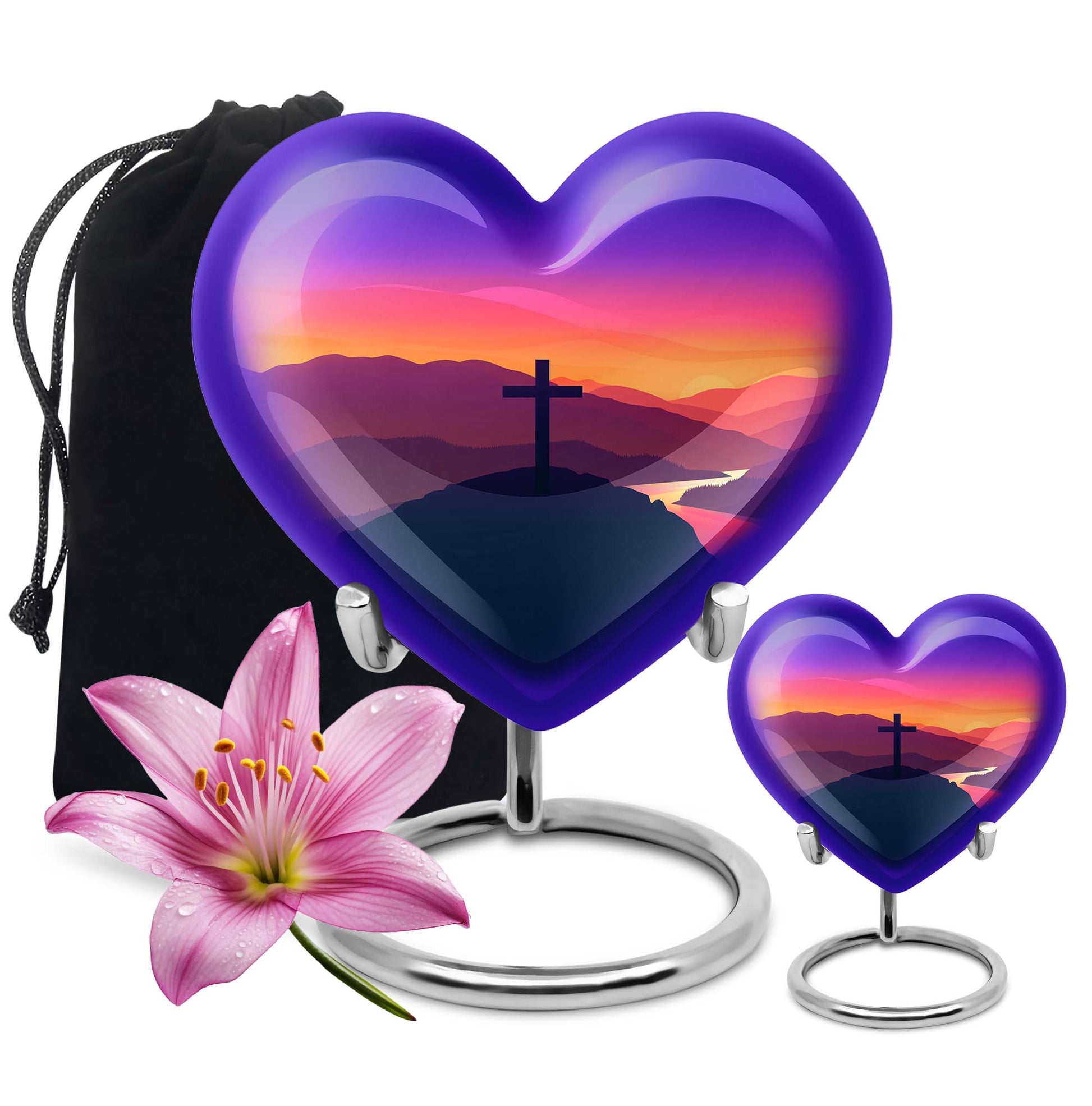 10-inch Heart-shaped Cross Urn for Dad, includes velvet pouch, customizable for memorials