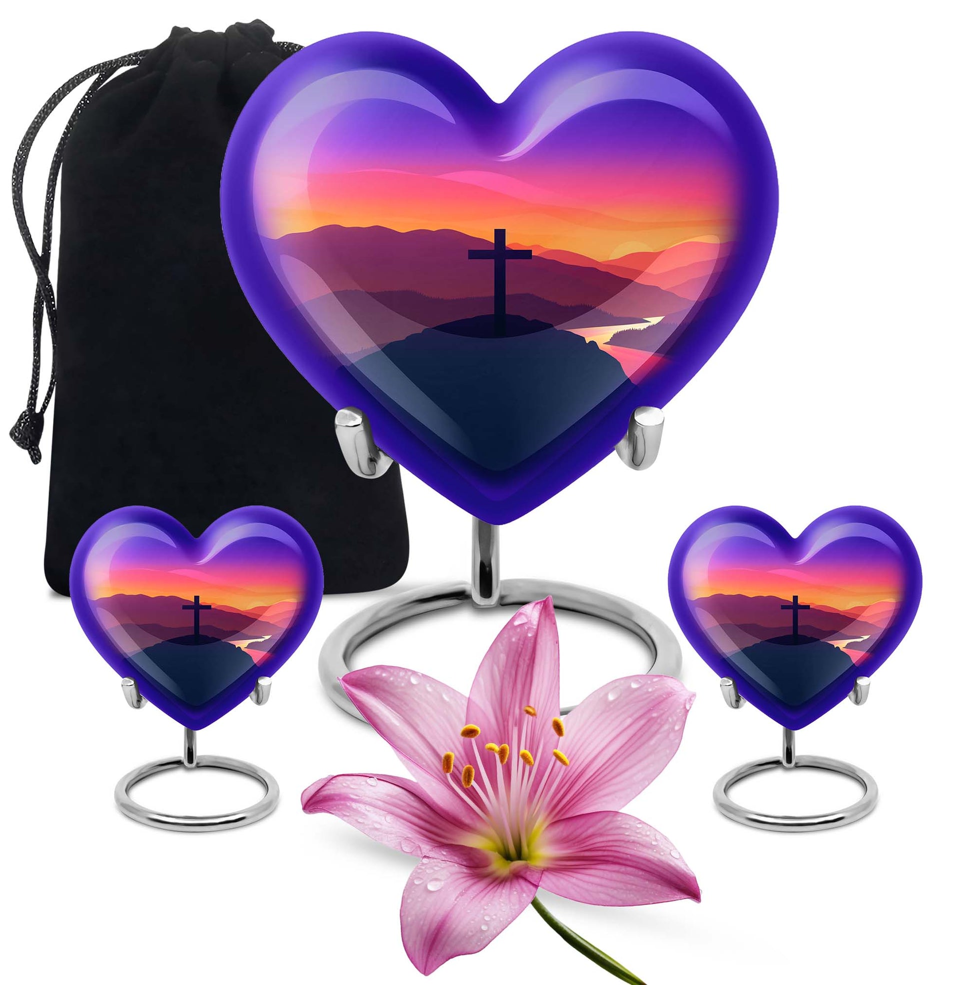 10-inch Heart-shaped Cross Urn for Dad, includes velvet pouch, customizable for memorials