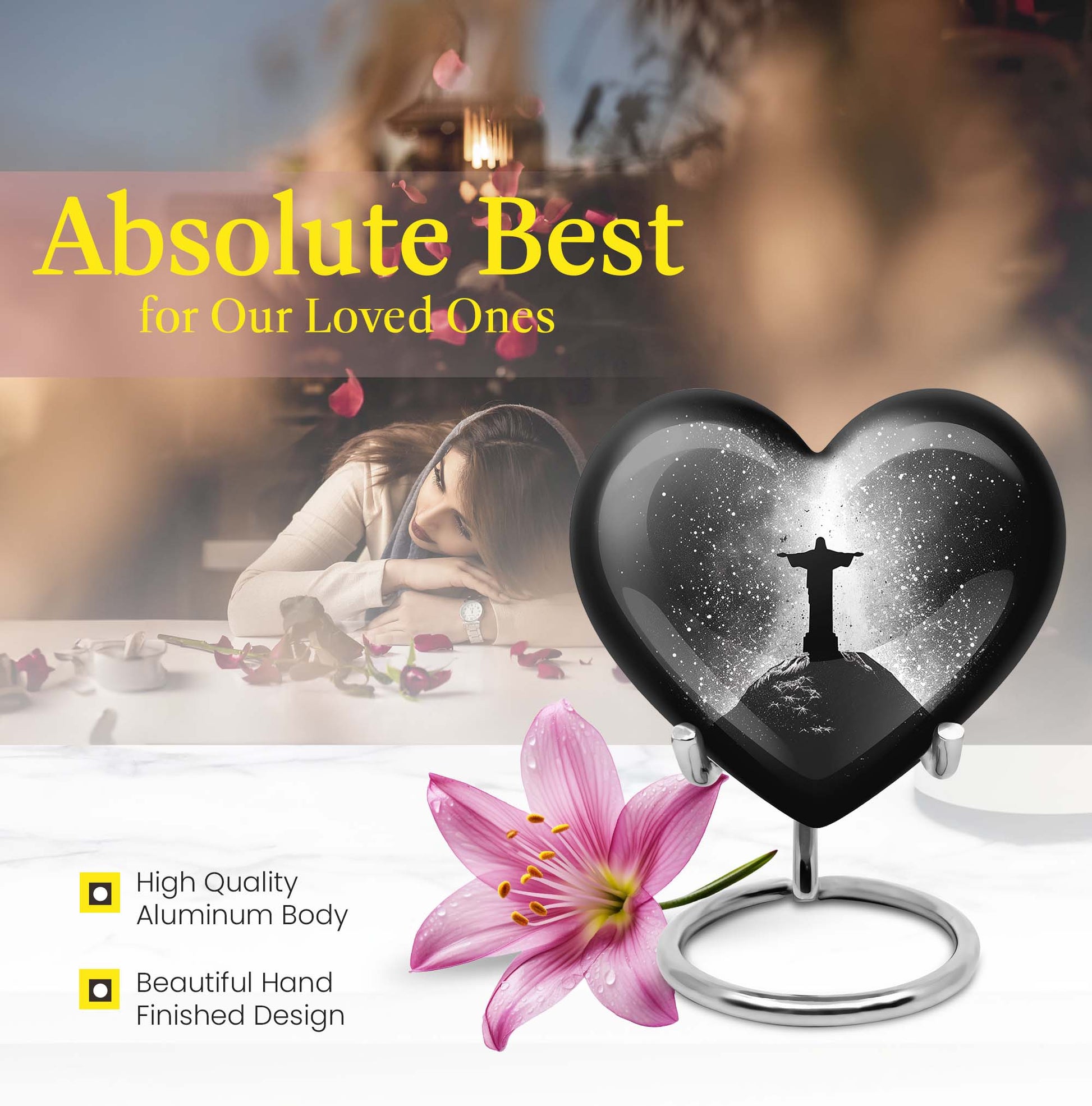 Gramophone-themed 10-inch heart-shaped cross urn 