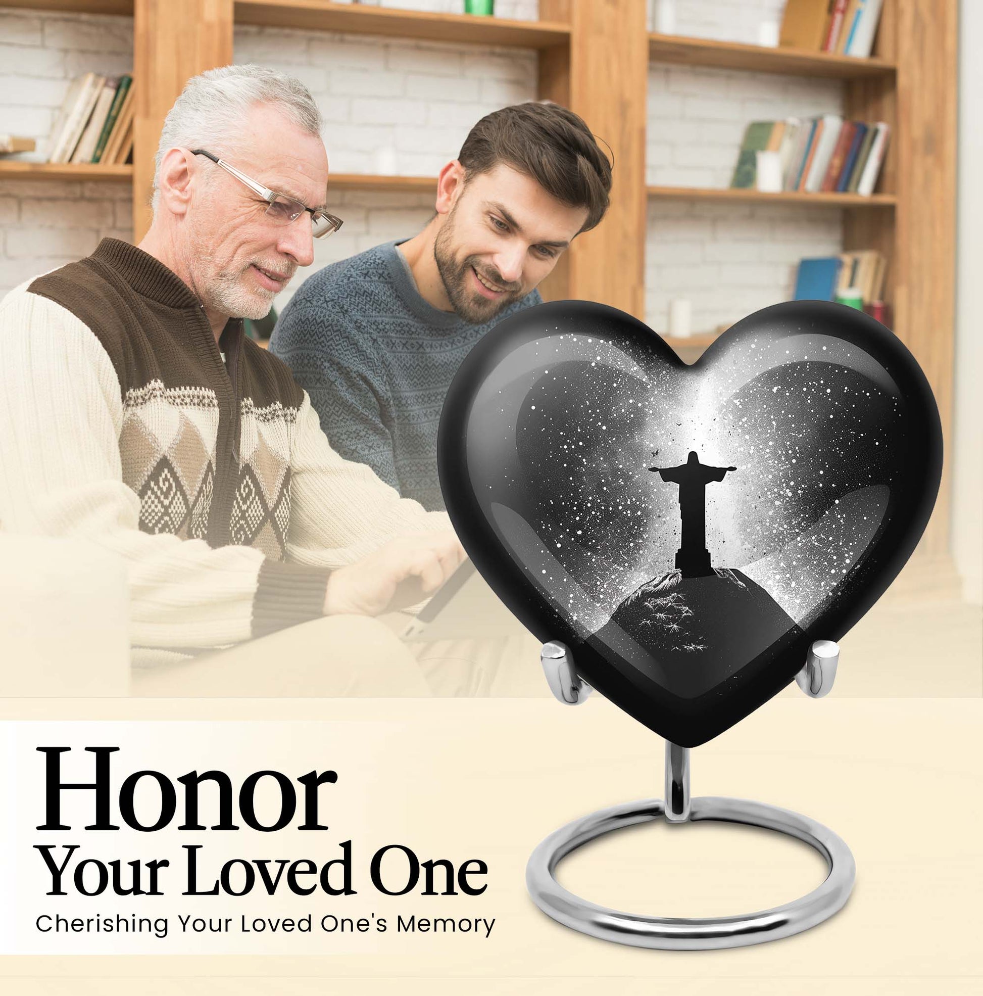 Gramophone-themed 10-inch heart-shaped cross urn 