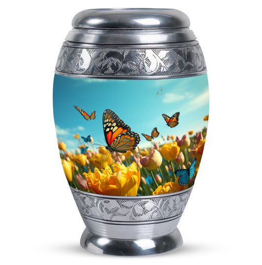 Large Butterflies Urn for adult human ashes, crafted from aluminium, personalizable with engraved names, a product of Monar_Urn