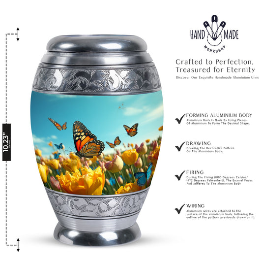 Large Butterflies Urn for adult human ashes, crafted from aluminium, personalizable with engraved names, a product of Monar_Urn