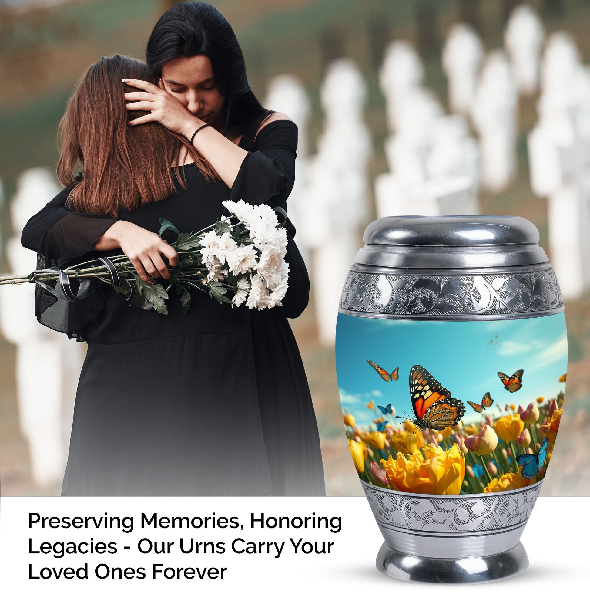 Large Butterflies Urn for adult human ashes, crafted from aluminium, personalizable with engraved names, a product of Monar_Urn