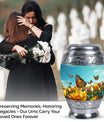 Large Butterflies Urn for adult human ashes, crafted from aluminium, personalizable with engraved names, a product of Monar_Urn