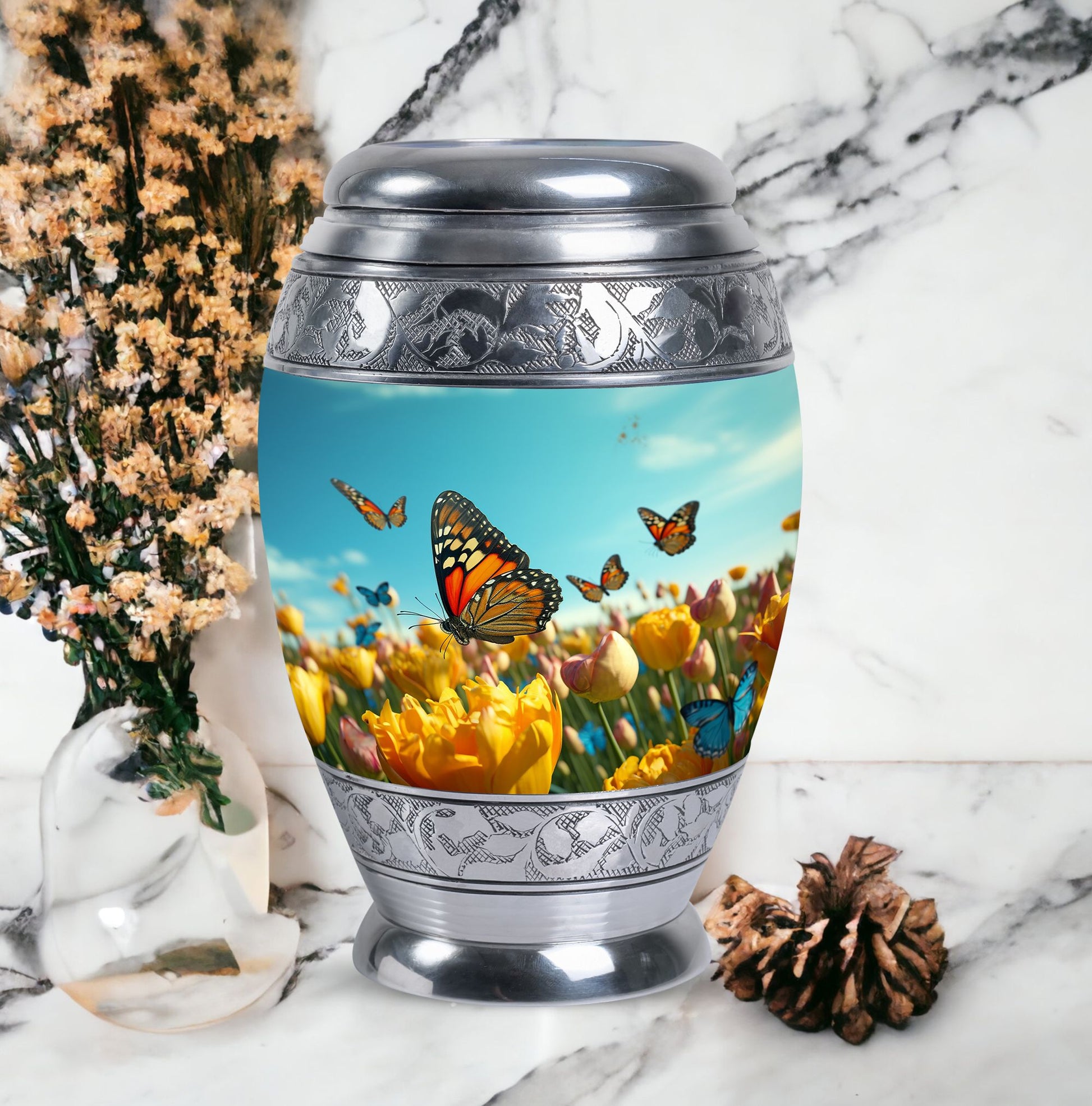 Large Butterflies Urn for adult human ashes, crafted from aluminium, personalizable with engraved names, a product of Monar_Urn