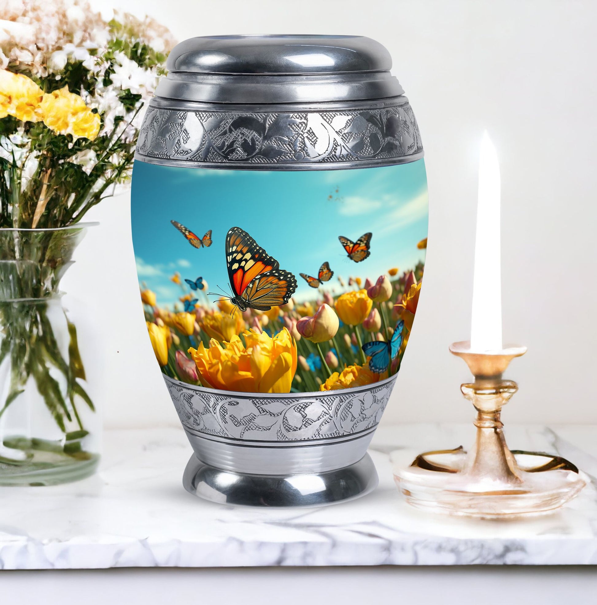 Large Butterflies Urn for adult human ashes, crafted from aluminium, personalizable with engraved names, a product of Monar_Urn