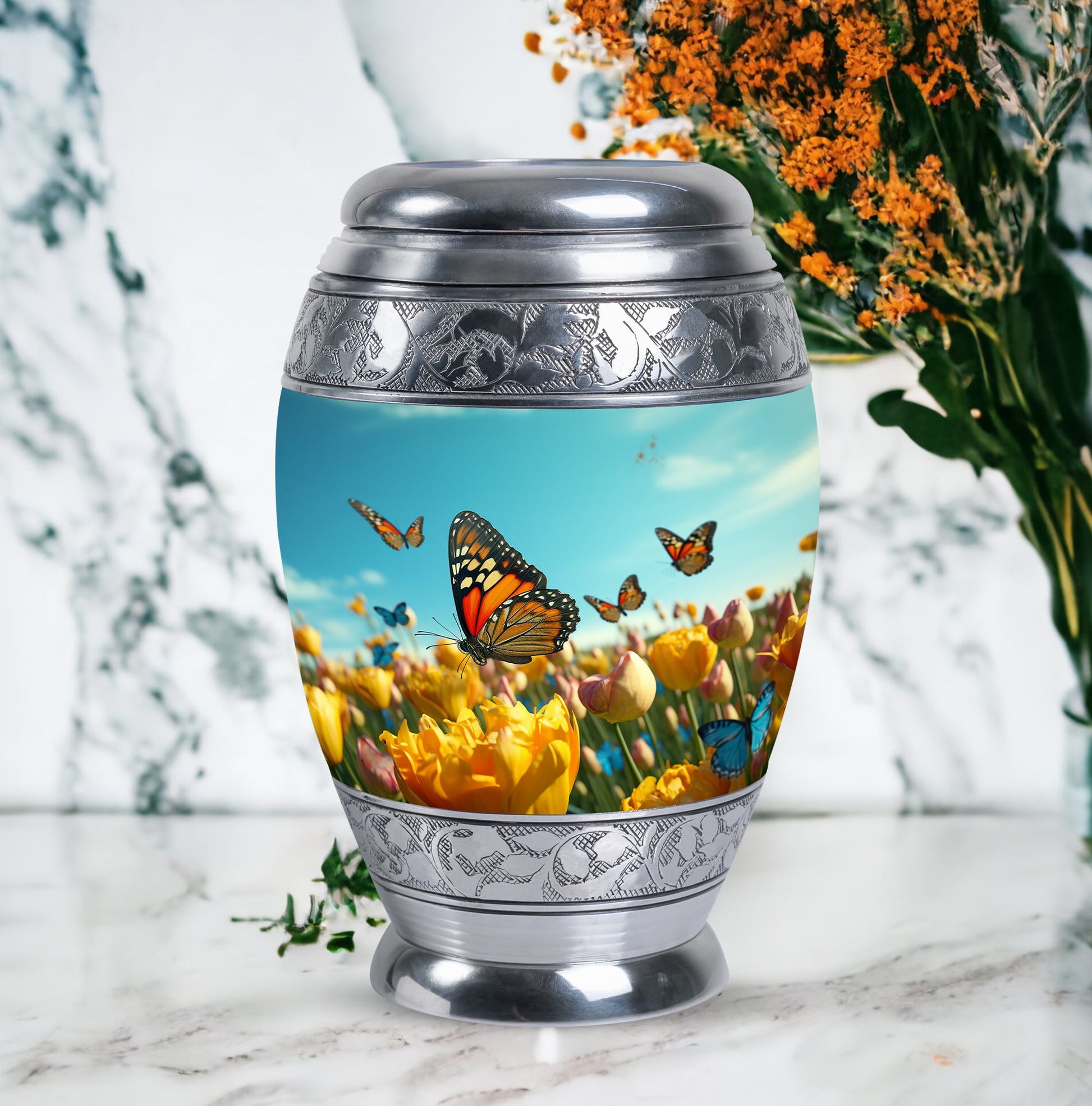 Large Butterflies Urn for adult human ashes, crafted from aluminium, personalizable with engraved names, a product of Monar_Urn