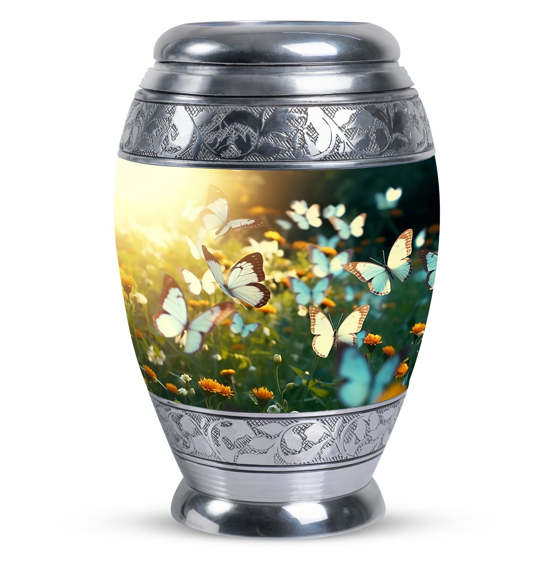 Peaceful Butterflies Fly Sunset Urn for preserving adult female ashes, suitable for burial