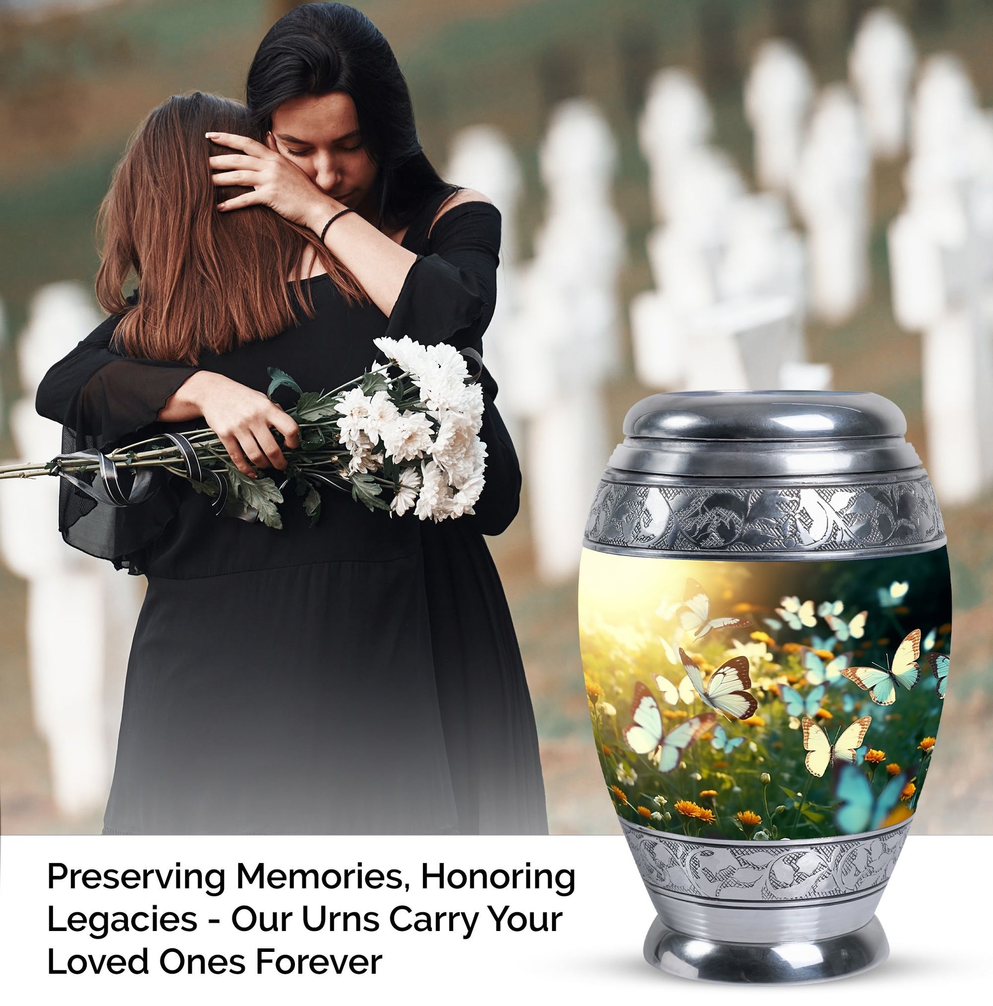 Peaceful Butterflies Fly Sunset Urn for preserving adult female ashes, suitable for burial