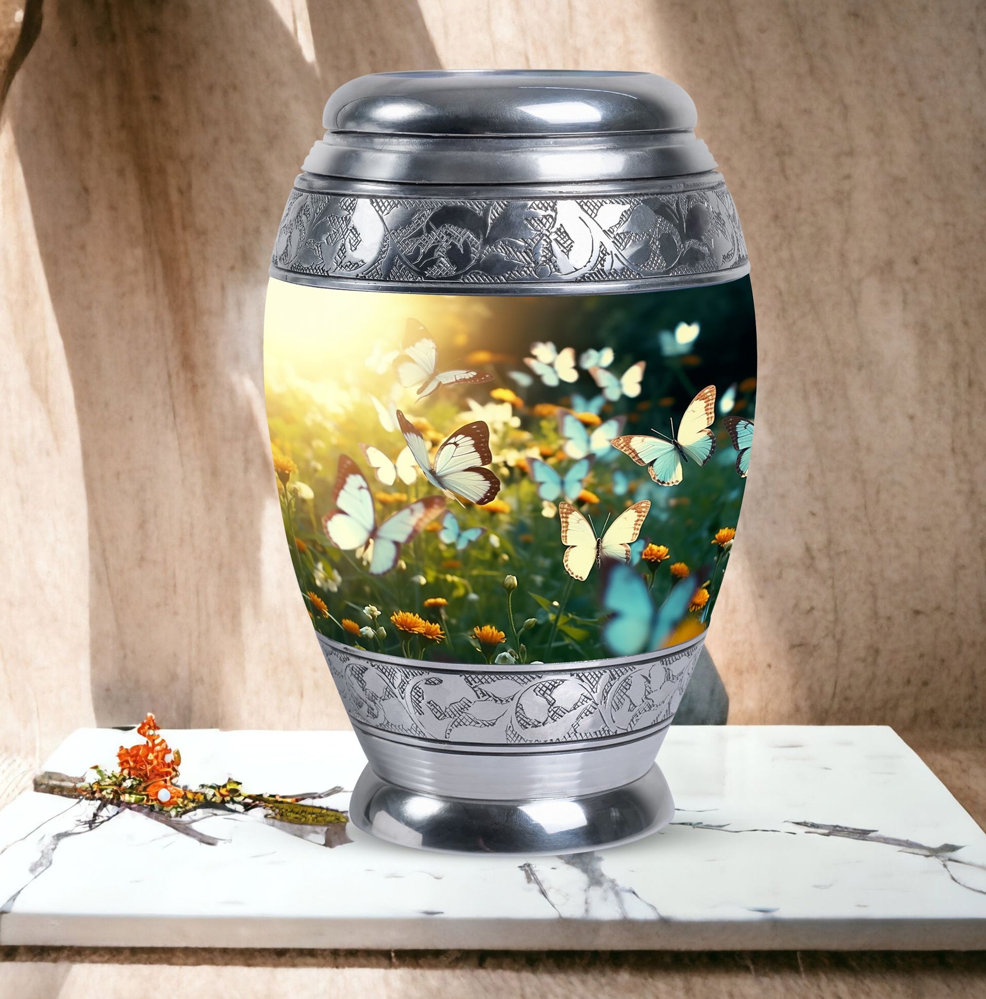 Peaceful Butterflies Fly Sunset Urn for preserving adult female ashes, suitable for burial