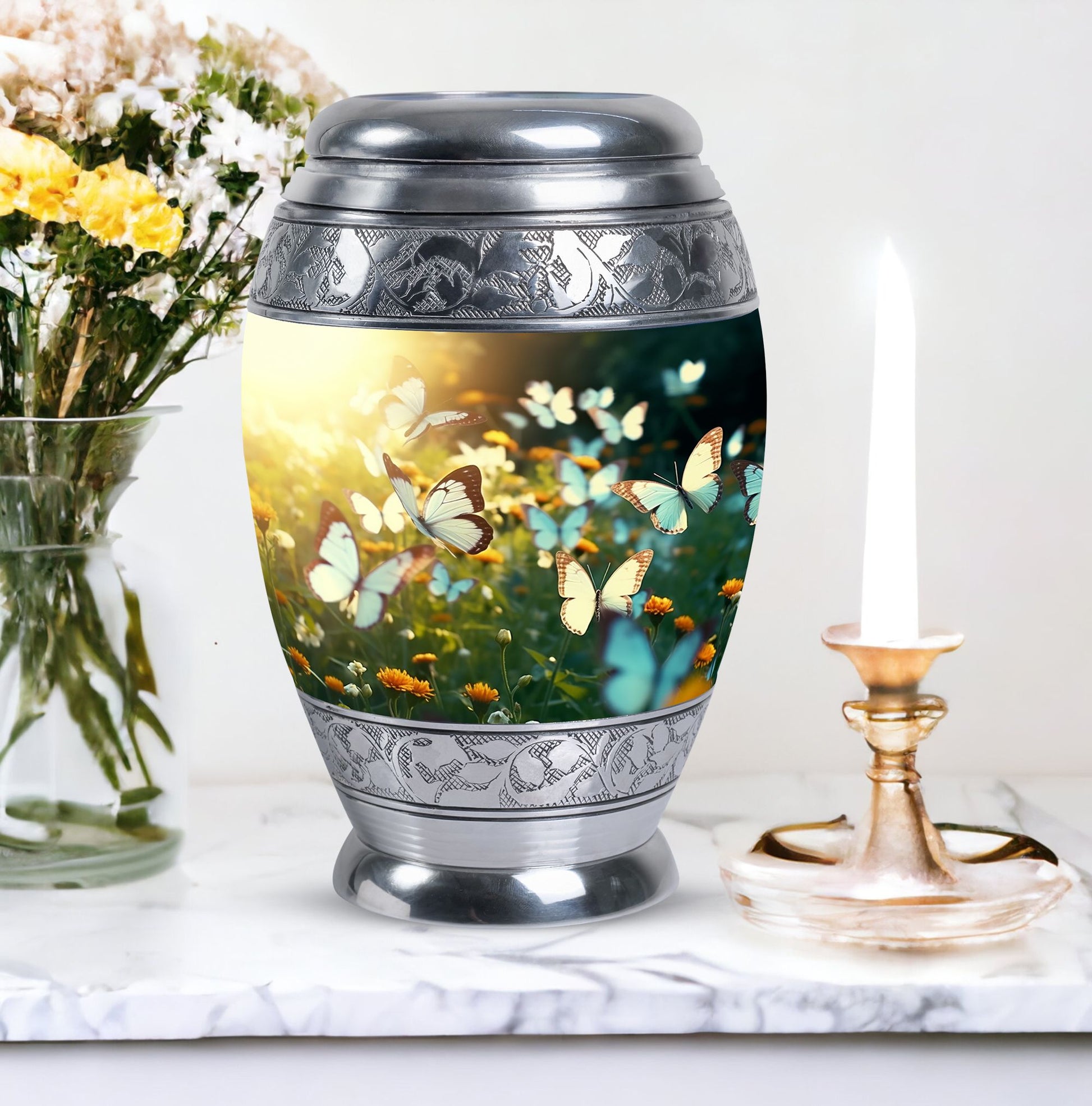 Peaceful Butterflies Fly Sunset Urn for preserving adult female ashes, suitable for burial