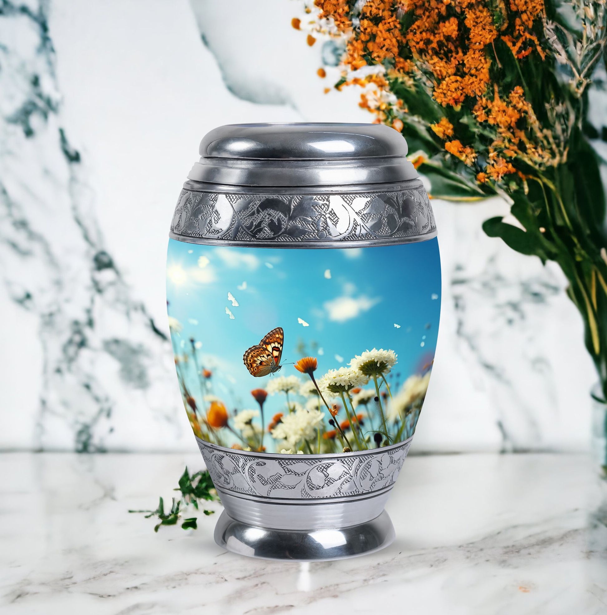 Elegant Butterflies Morning Cremation Urn, versatile decoration, perfect for preserving adult human ashes memorial.