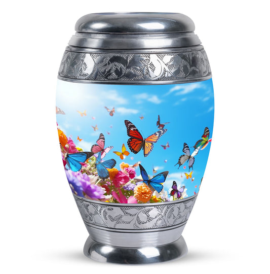 Colorful Monar_Urn, an aluminum large urn for ashes, with the capacity of 200 cubic inches and option for name engraving.