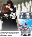 Colorful Monar_Urn, an aluminum large urn for ashes, with the capacity of 200 cubic inches and option for name engraving.