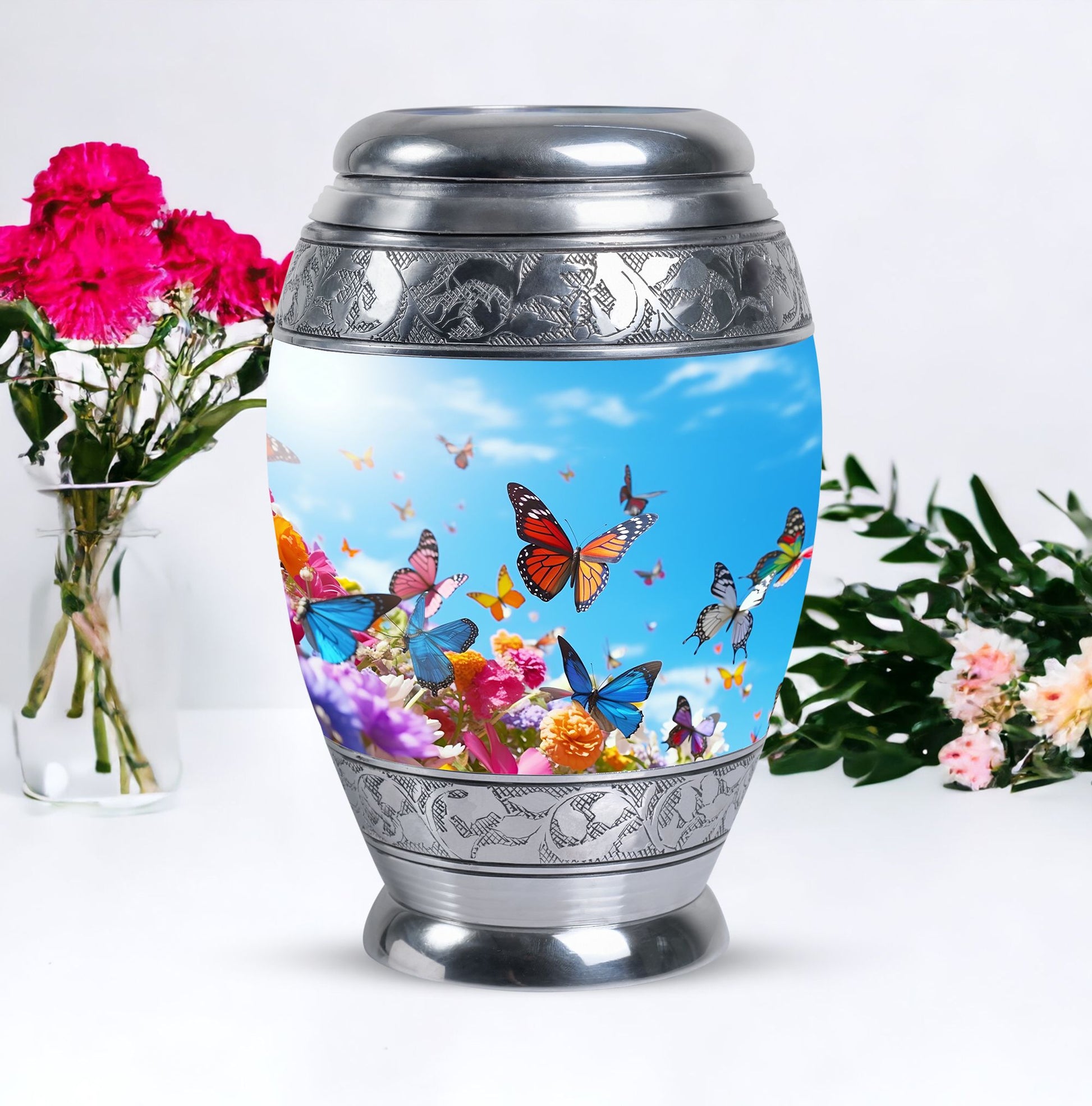 Colorful Monar_Urn, an aluminum large urn for ashes, with the capacity of 200 cubic inches and option for name engraving.