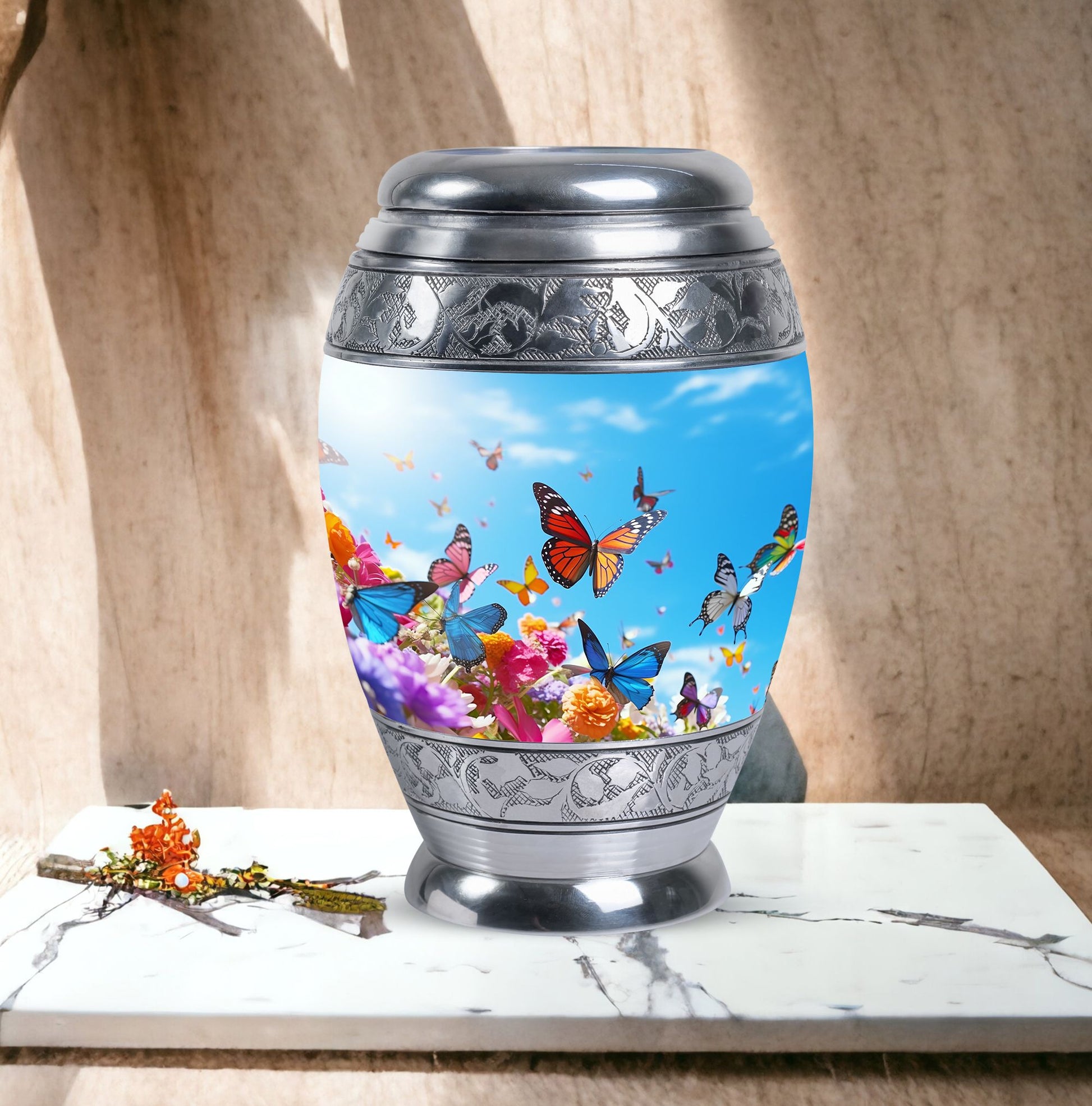 Colorful Monar_Urn, an aluminum large urn for ashes, with the capacity of 200 cubic inches and option for name engraving.