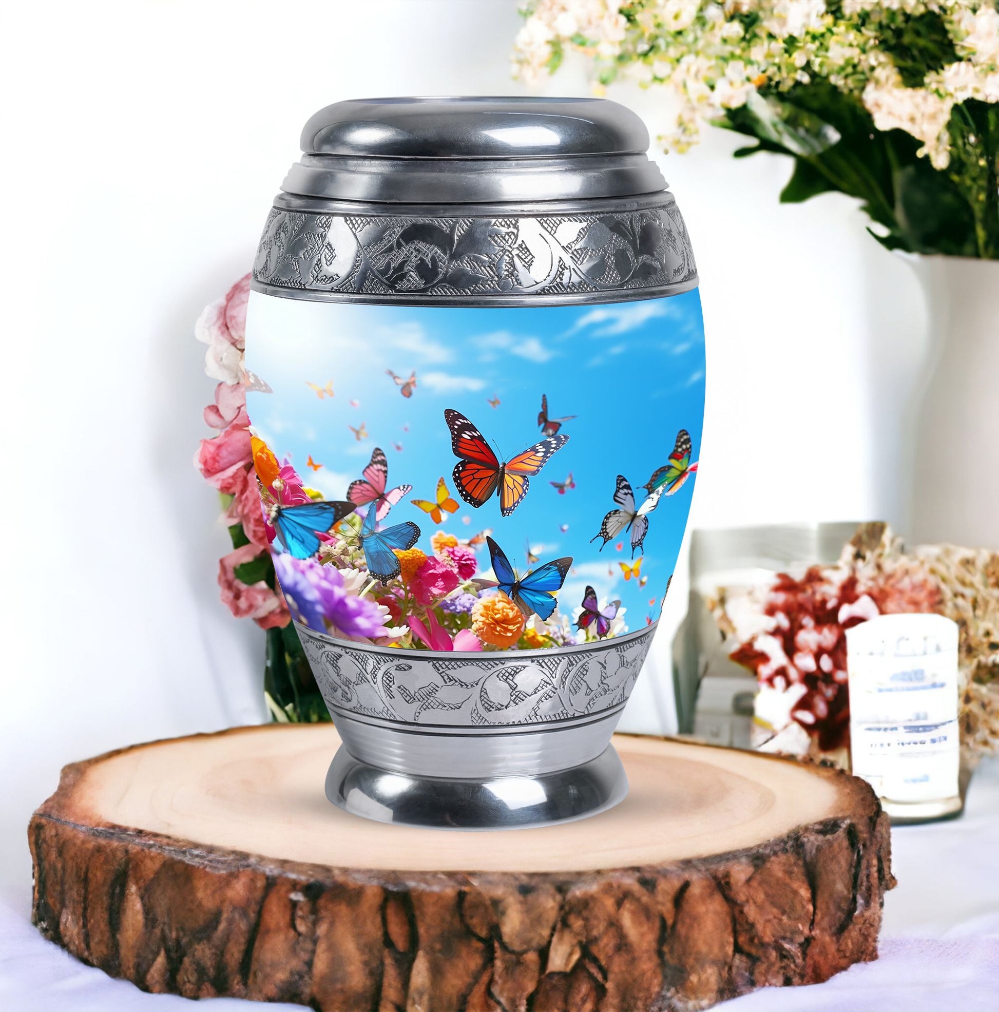 Colorful Monar_Urn, an aluminum large urn for ashes, with the capacity of 200 cubic inches and option for name engraving.