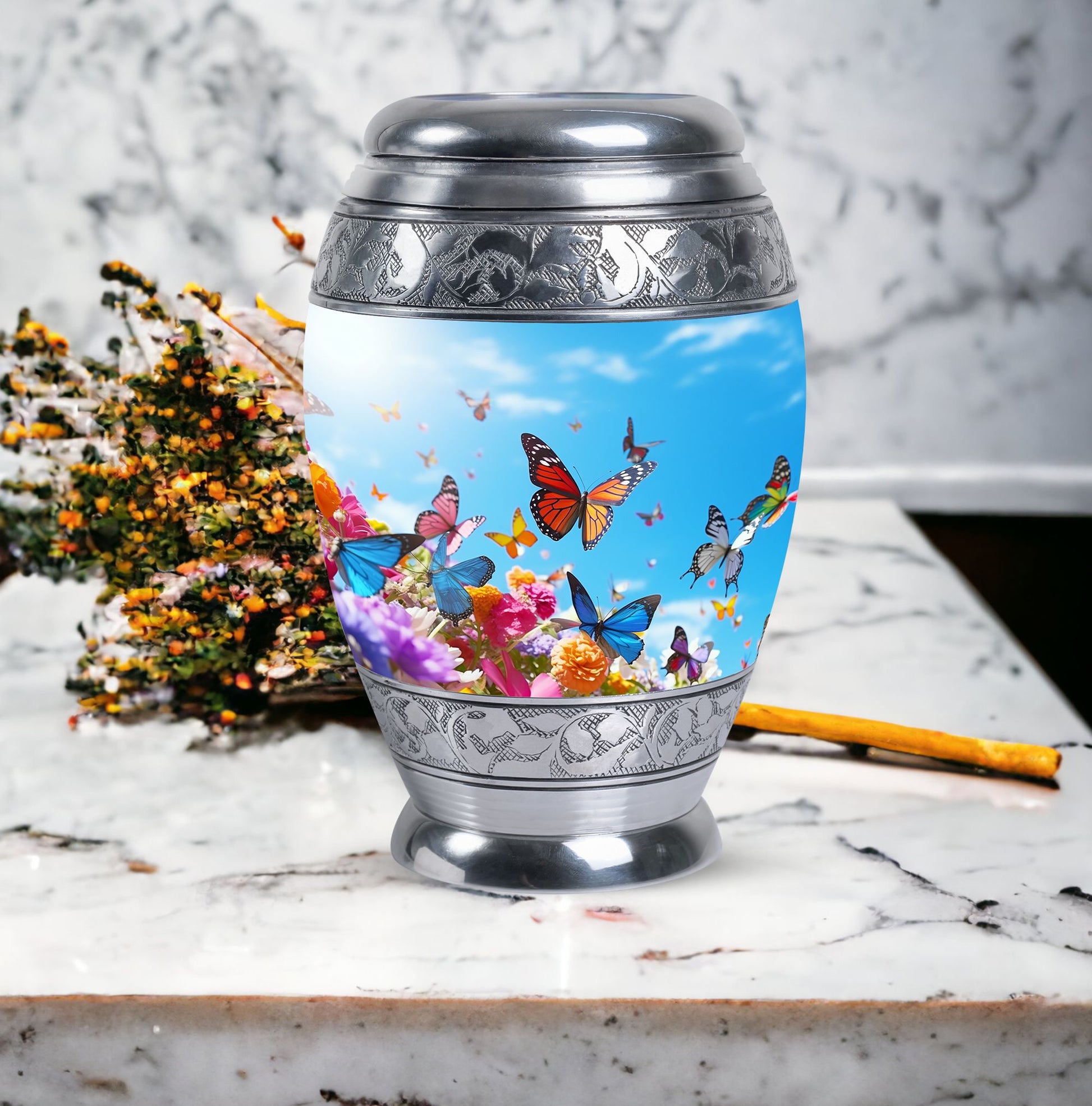 Colorful Monar_Urn, an aluminum large urn for ashes, with the capacity of 200 cubic inches and option for name engraving.