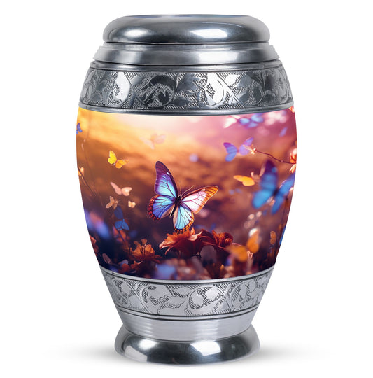 Blue Butterliesurn, Large Aluminium Urn personalized through engraving for human ashes, Velvet pouch included, Adult Size, Perfect for Burial