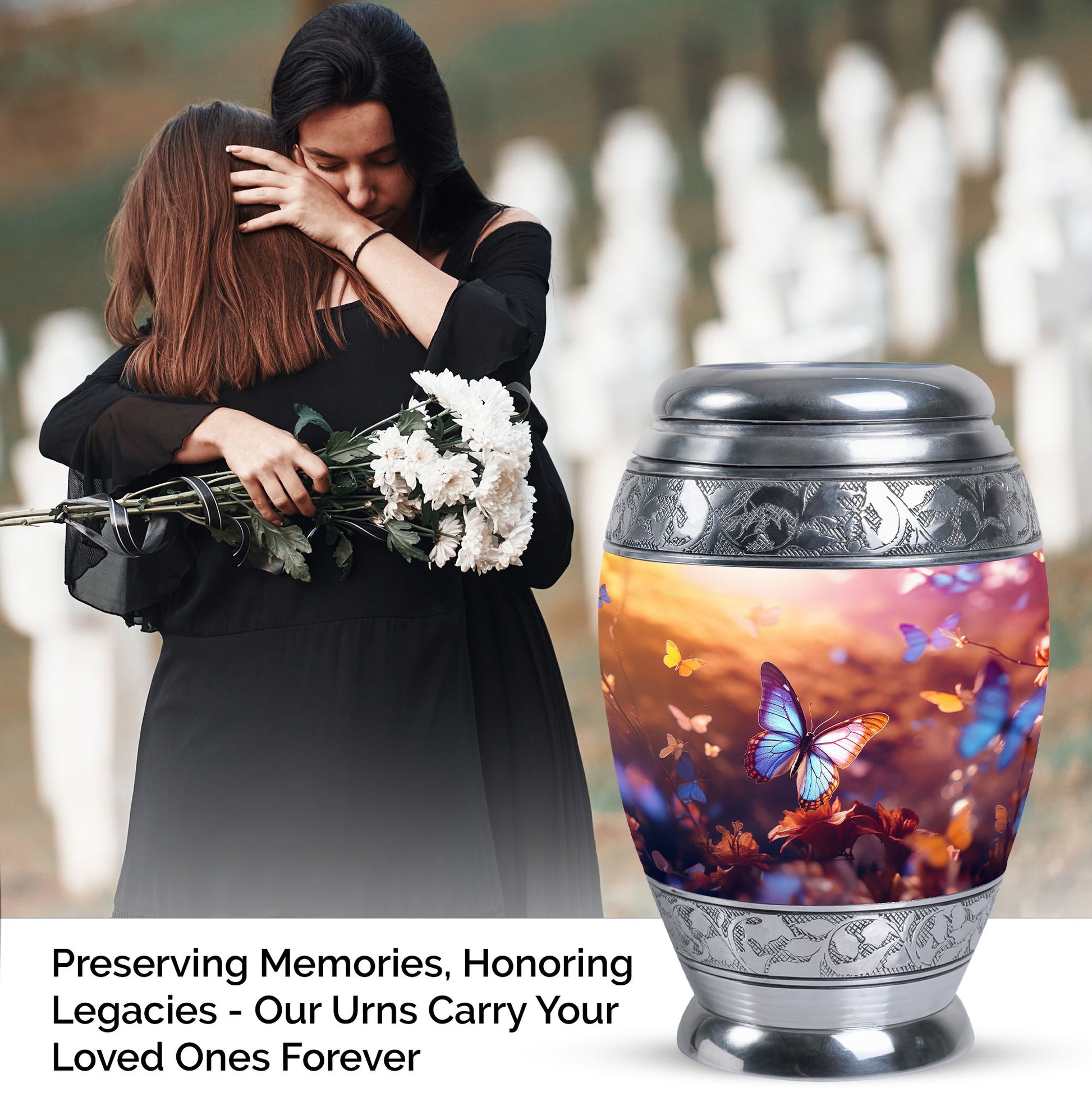 Blue Butterliesurn, Large Aluminium Urn personalized through engraving for human ashes, Velvet pouch included, Adult Size, Perfect for Burial