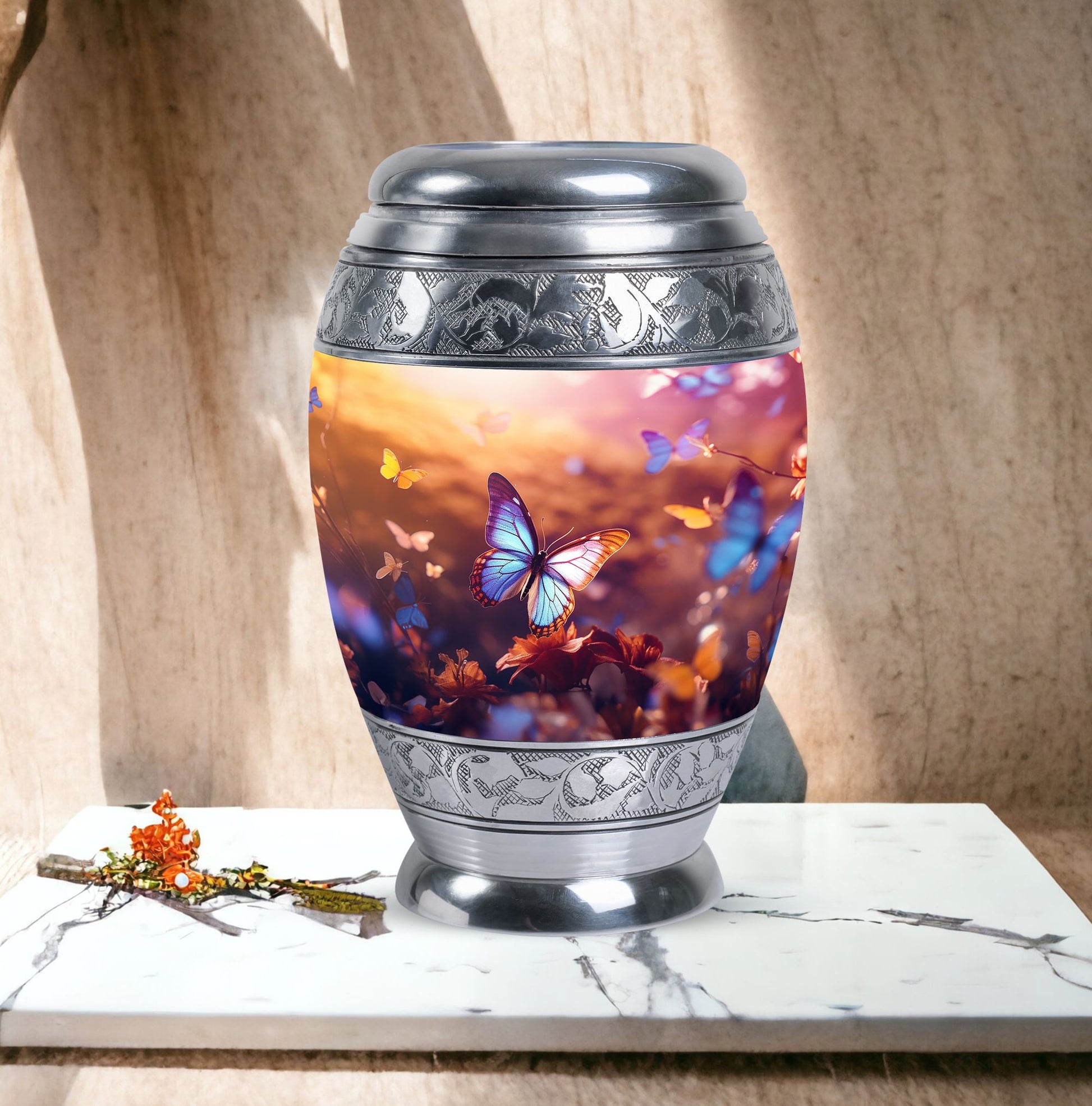 Blue Butterliesurn, Large Aluminium Urn personalized through engraving for human ashes, Velvet pouch included, Adult Size, Perfect for Burial