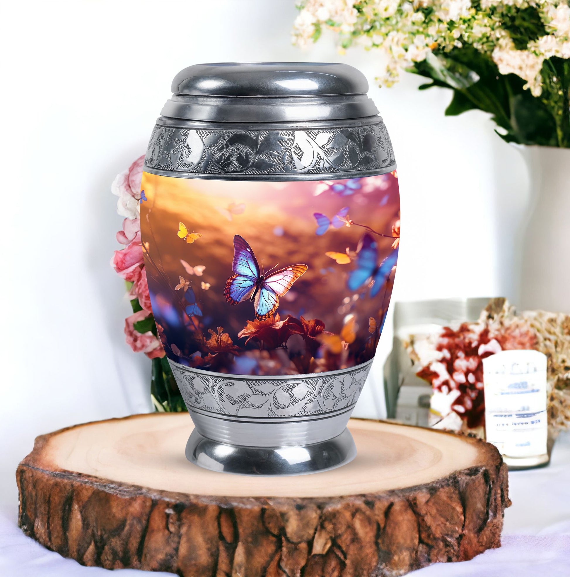 Blue Butterliesurn, Large Aluminium Urn personalized through engraving for human ashes, Velvet pouch included, Adult Size, Perfect for Burial