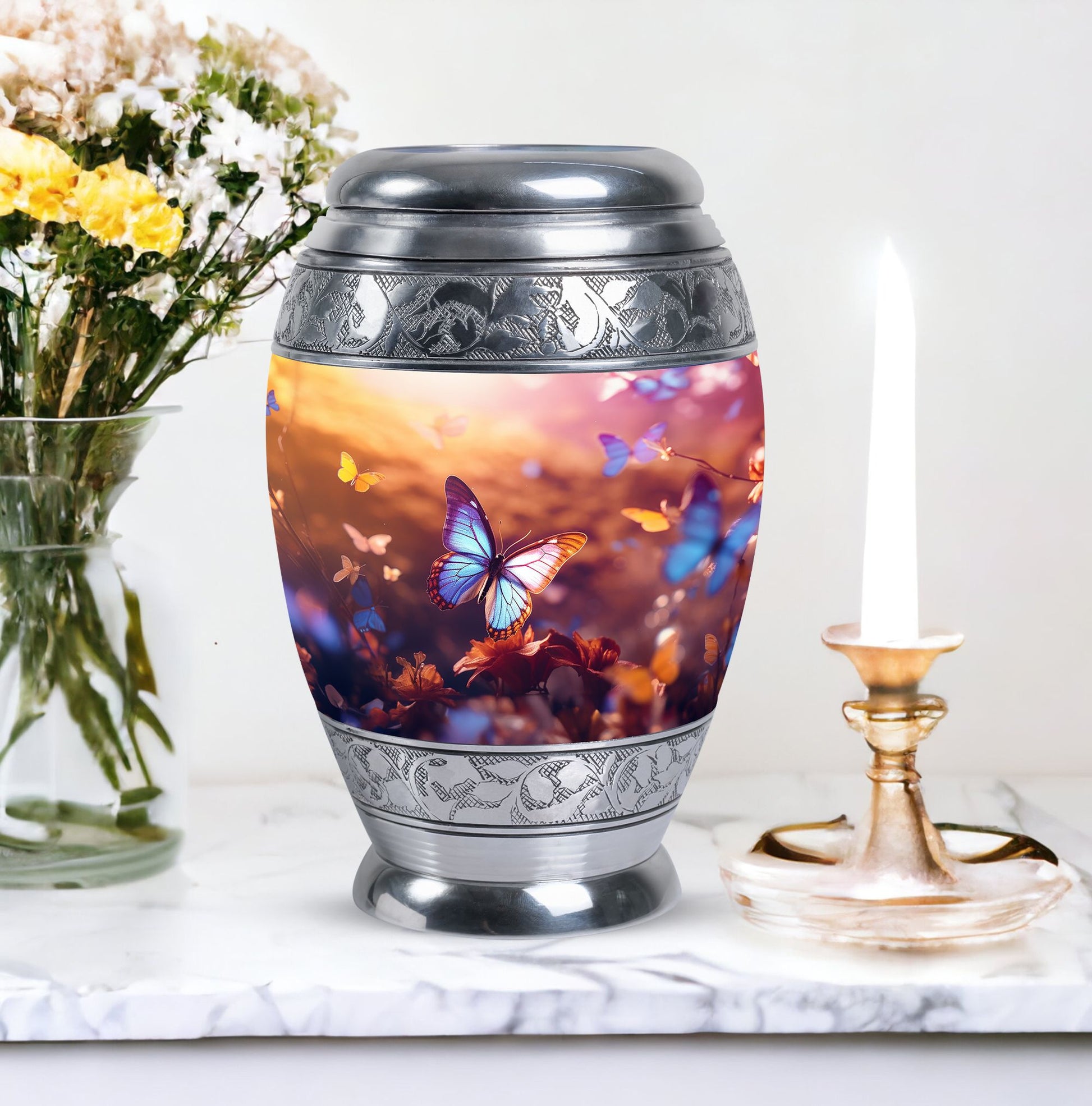 Blue Butterliesurn, Large Aluminium Urn personalized through engraving for human ashes, Velvet pouch included, Adult Size, Perfect for Burial