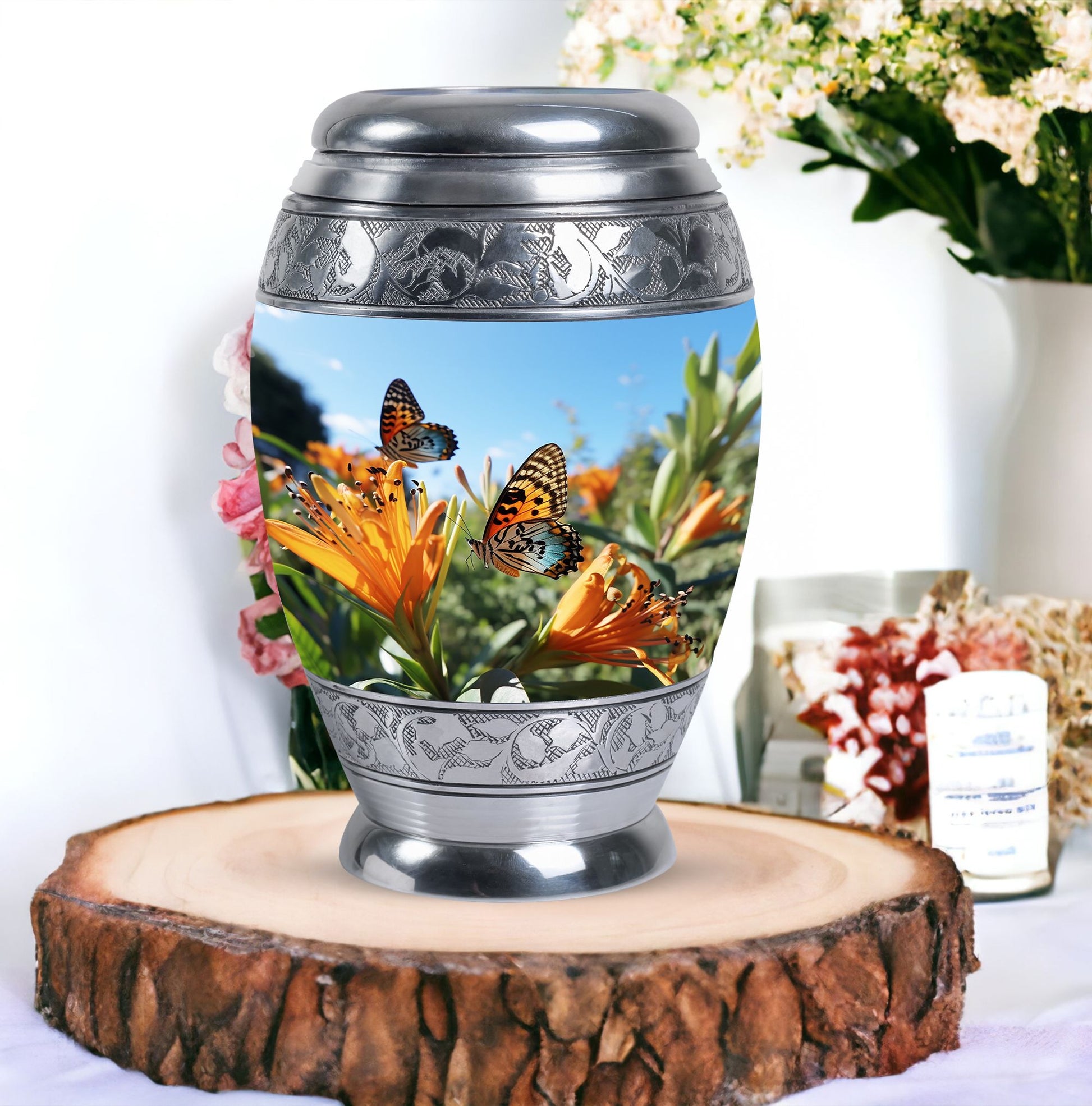 Elegantly crafted Butterfly urn for adult female human ashes, ideal for burial or home urn sets