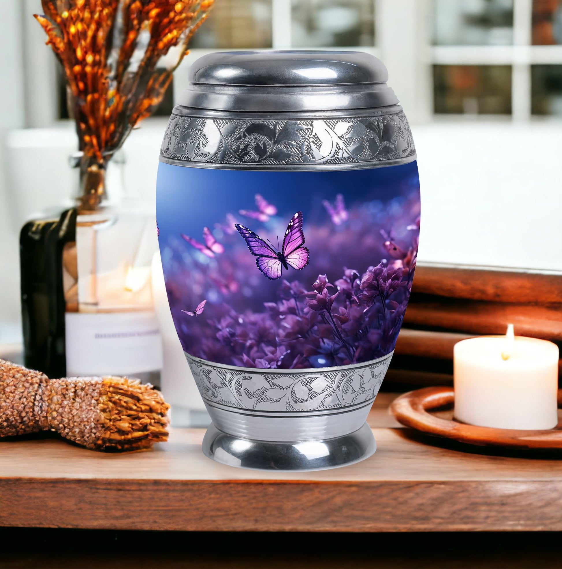 Classic 3-inch Butterflies fly Sunset Meadow Cremation Urn.