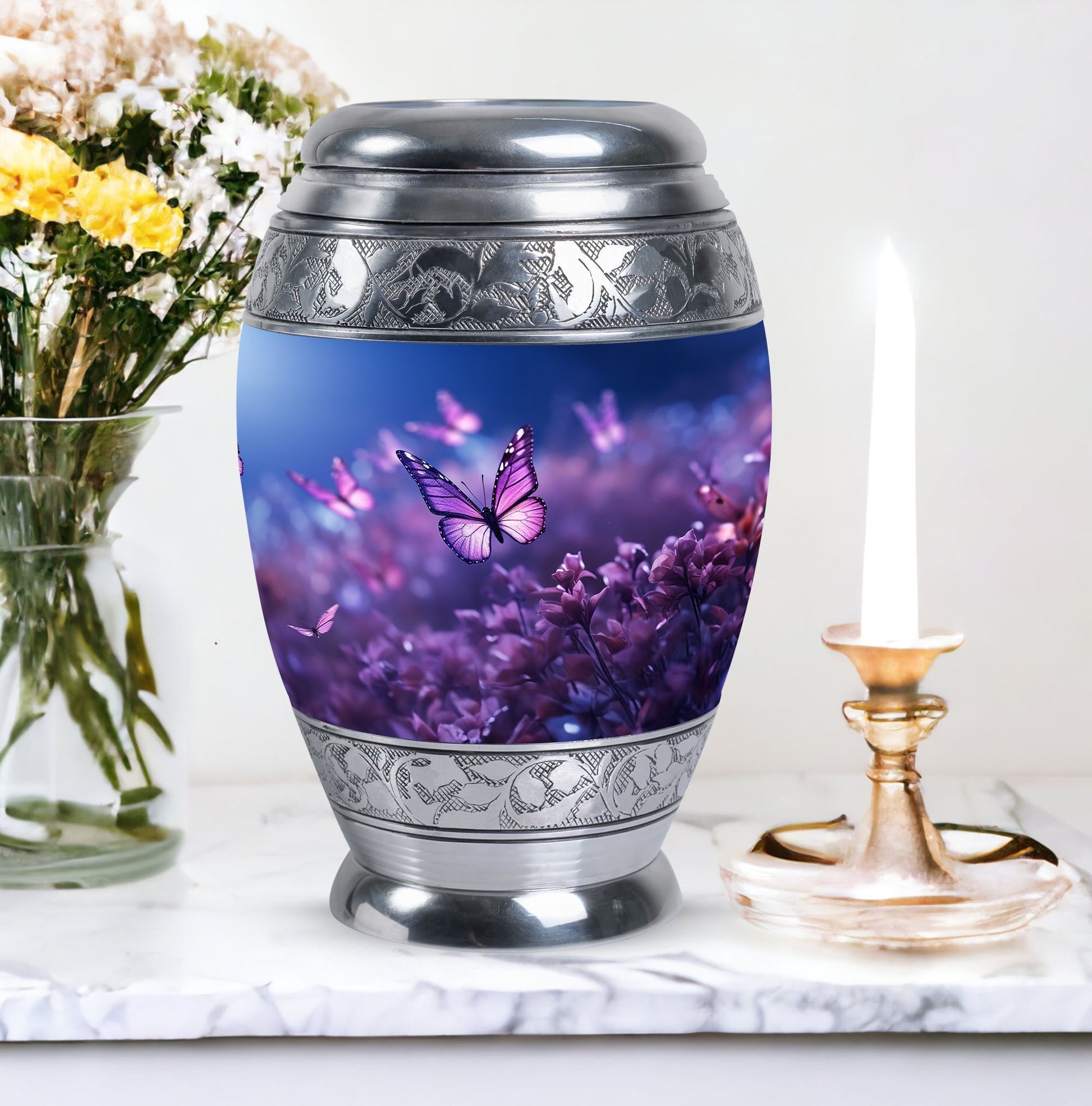 Classic 3-inch Butterflies fly Sunset Meadow Cremation Urn.