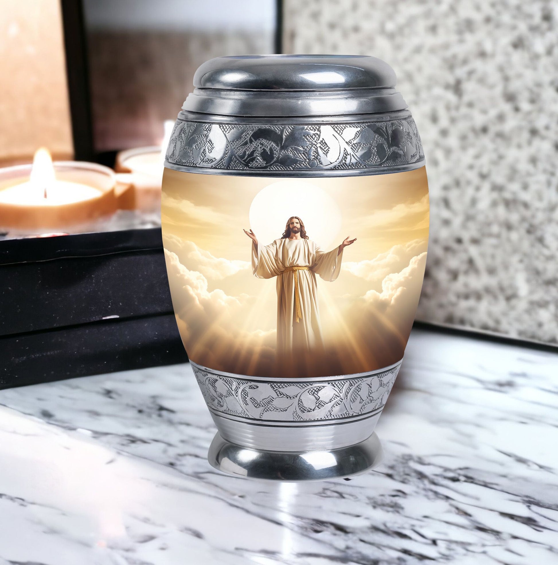 Classic Jesus Christ with Holy Cross memorial urn.