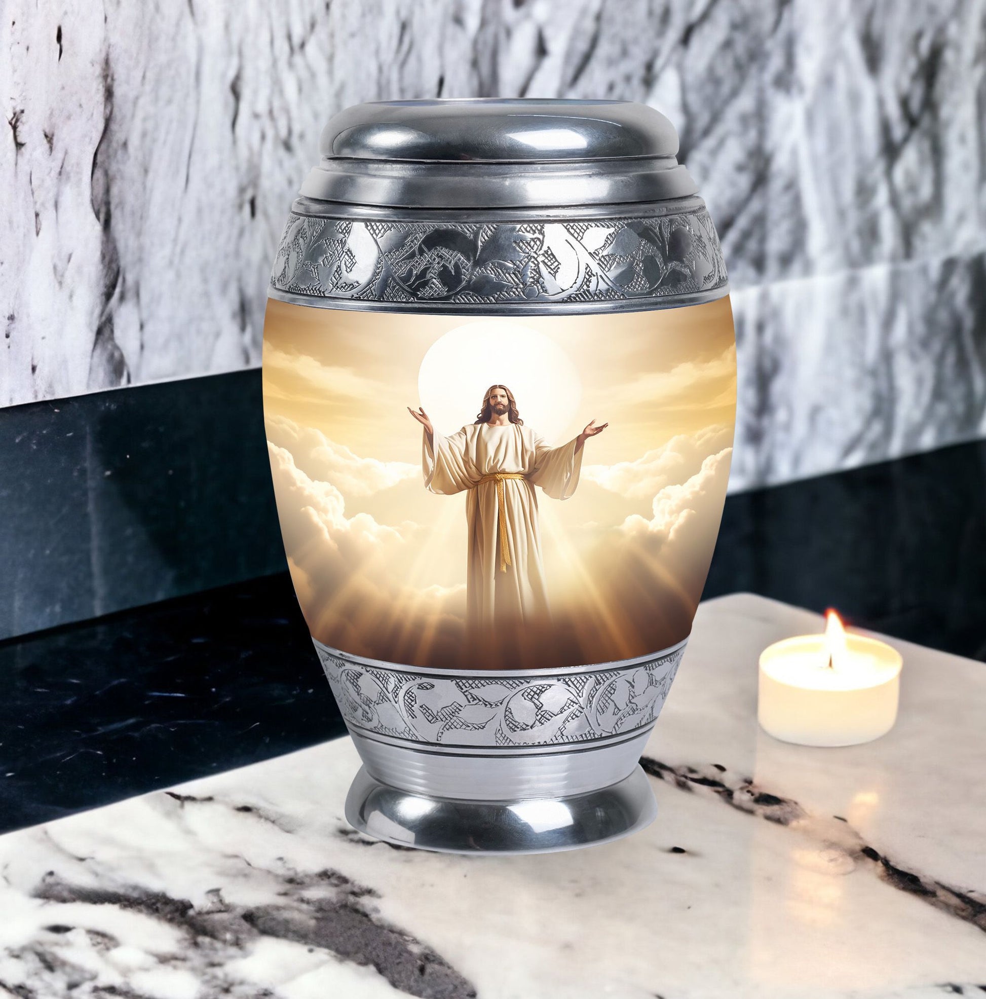 Classic Jesus Christ with Holy Cross memorial urn.