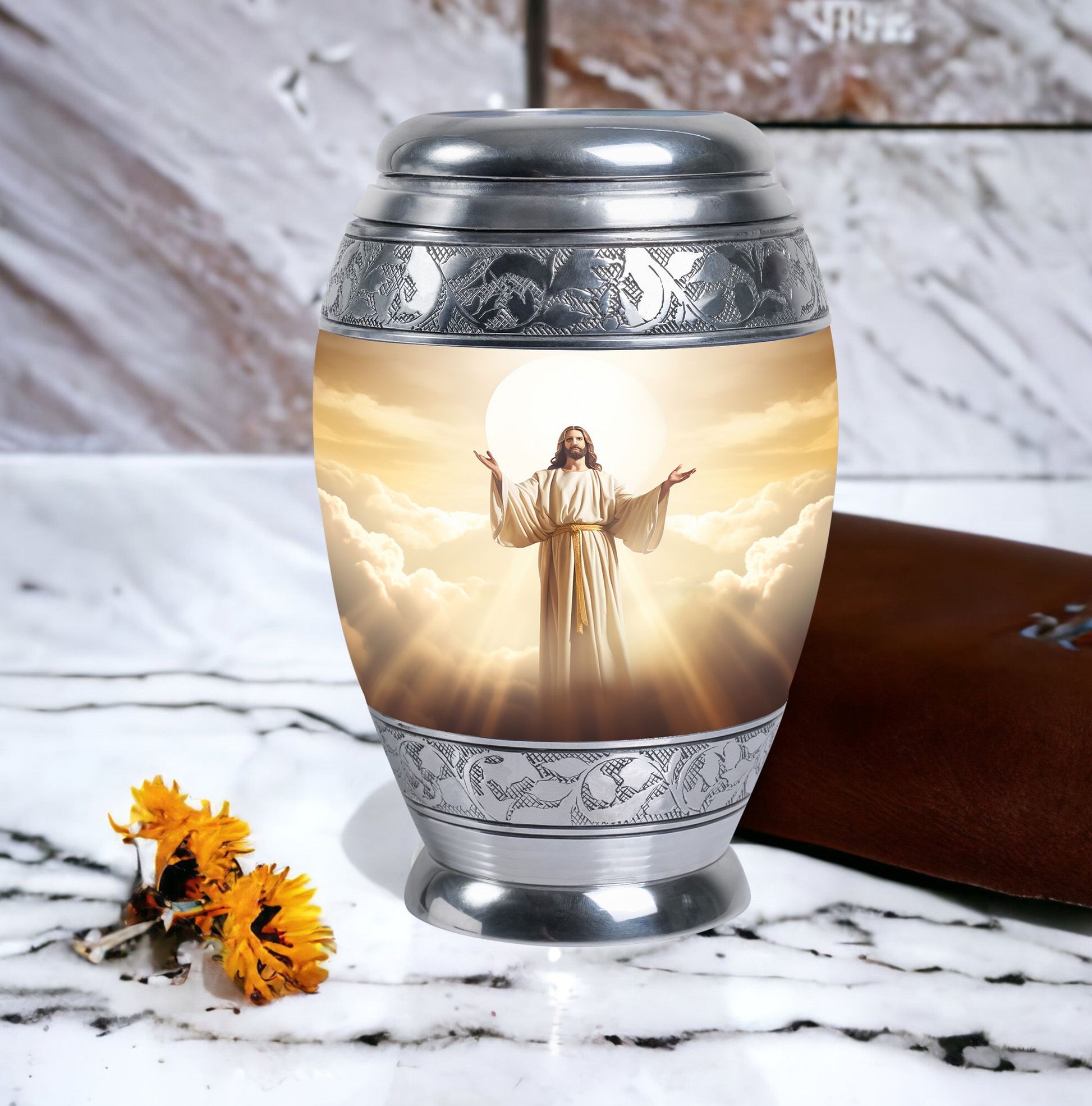 Classic Jesus Christ with Holy Cross memorial urn.