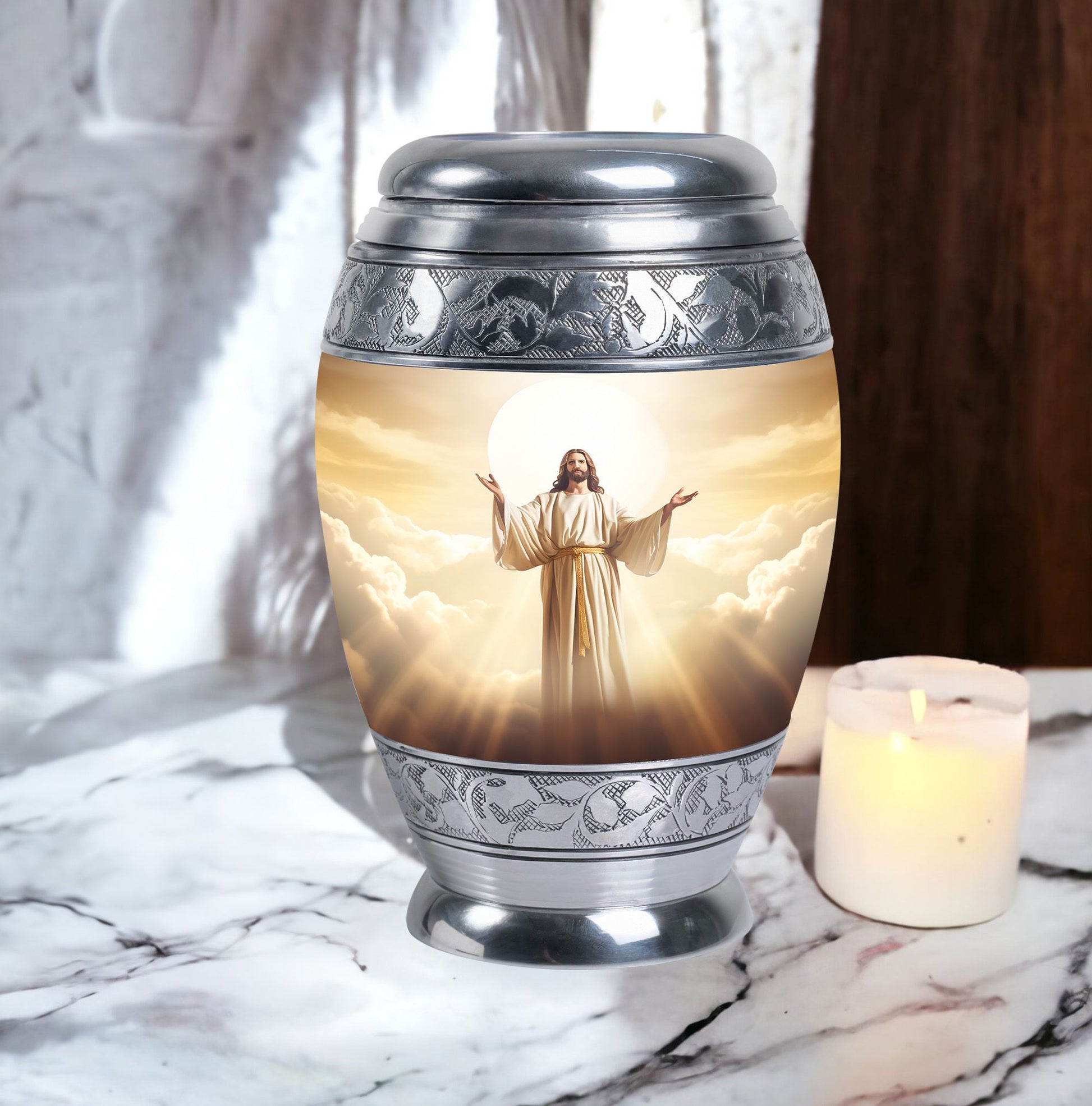 Classic Jesus Christ with Holy Cross memorial urn.