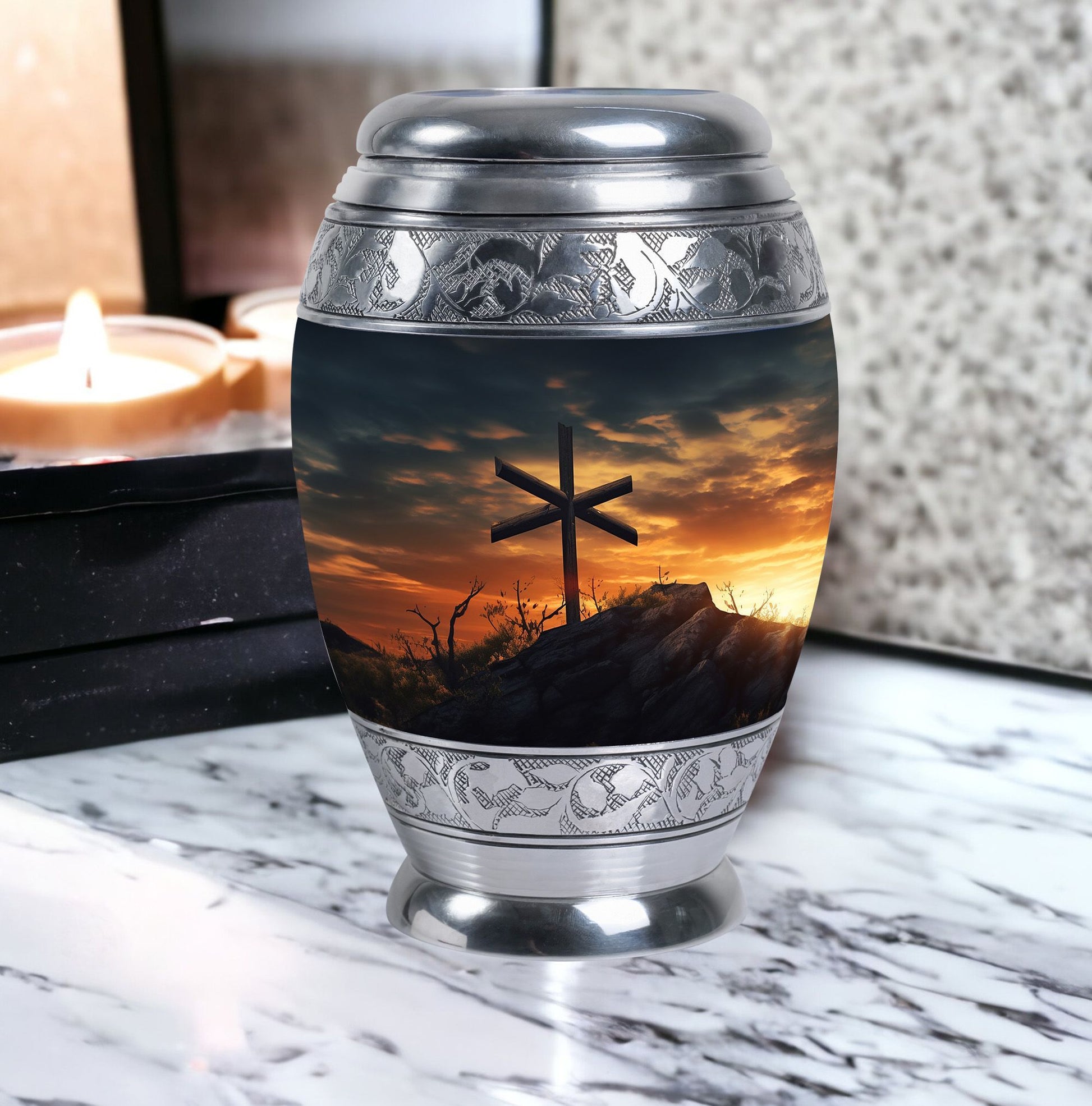 Classic Christ Cross Cremation Urn, suitable for burial