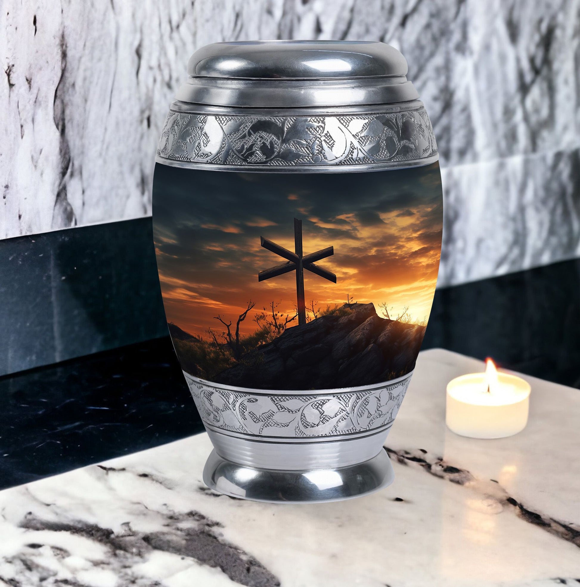 Classic Christ Cross Cremation Urn, suitable for burial