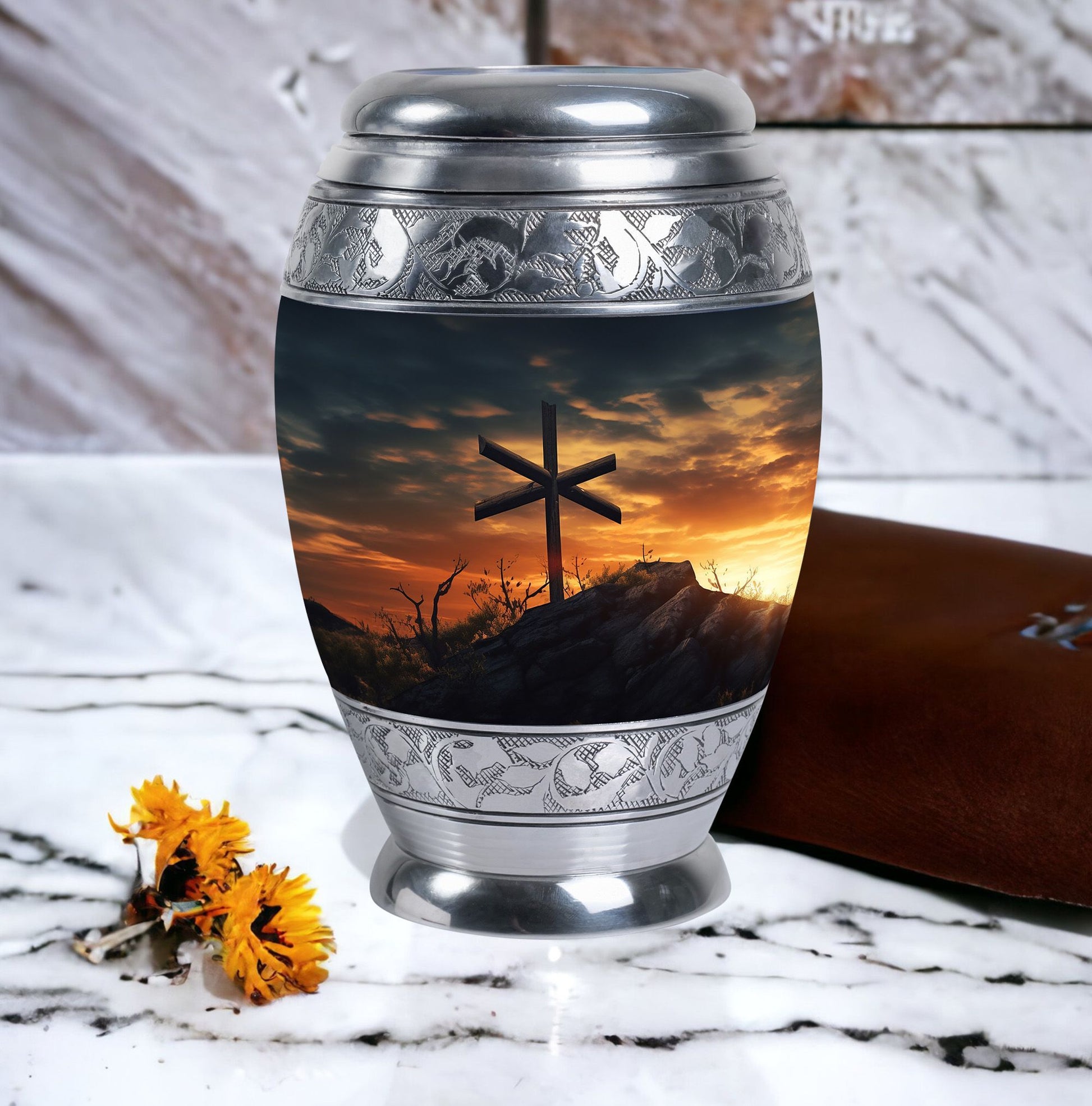 Classic Christ Cross Cremation Urn, suitable for burial