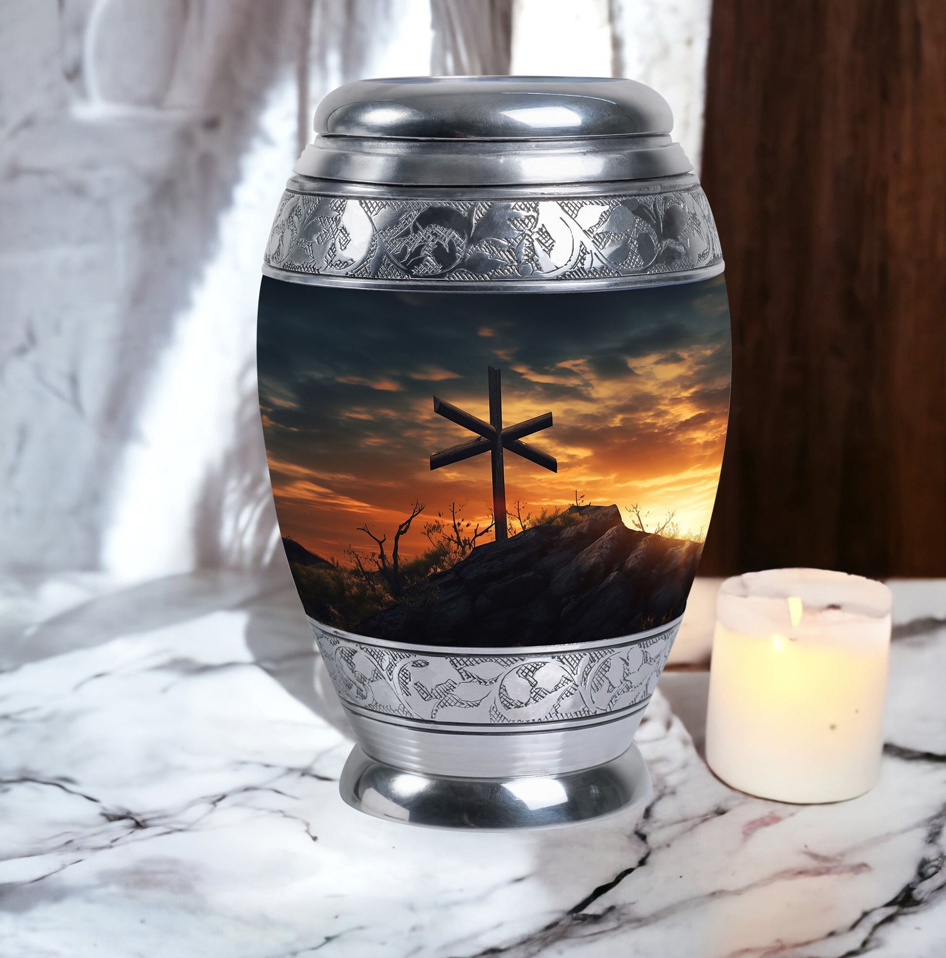 Classic Christ Cross Cremation Urn, suitable for burial