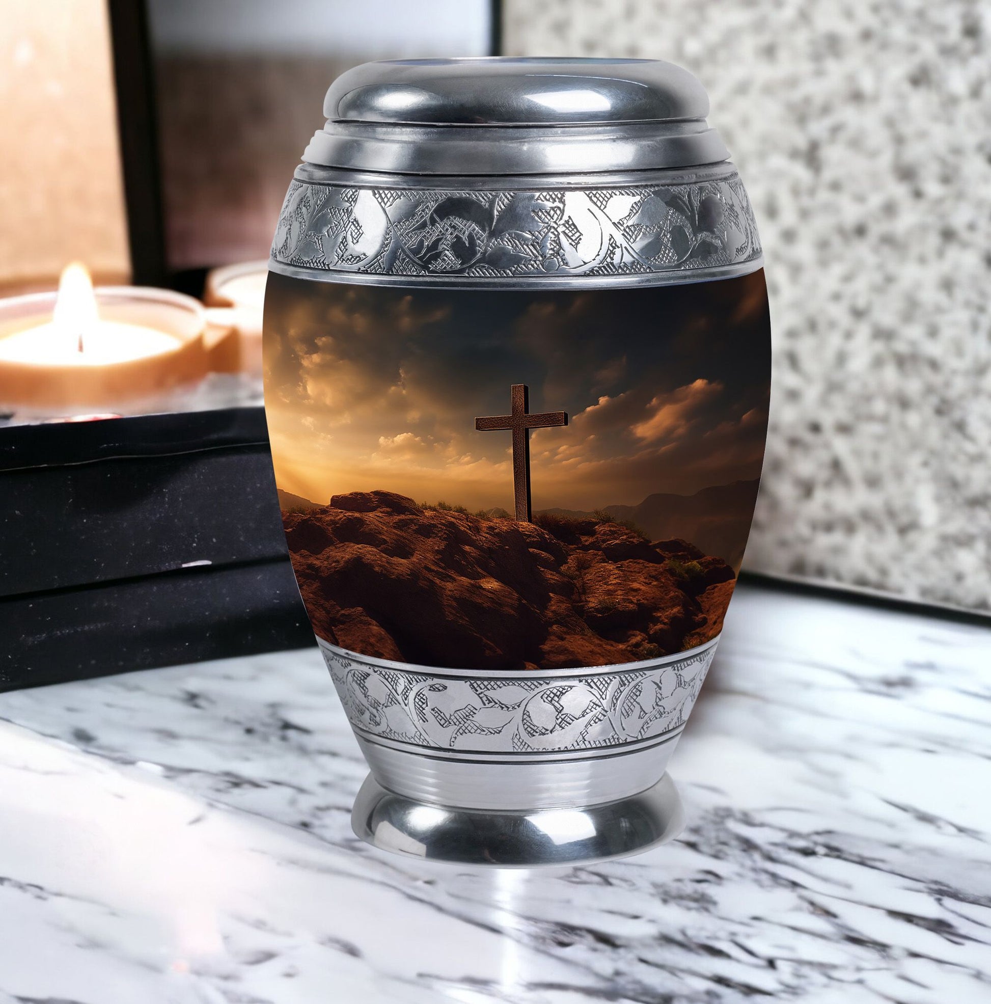 Classic Jesus Christ Cross Cremation Urn made of Aluminium.