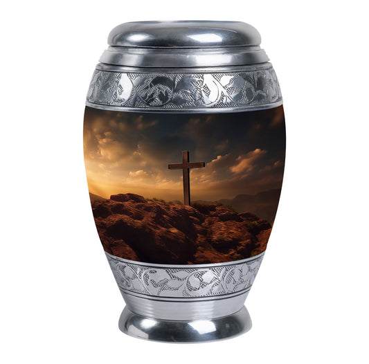 Classic Jesus Christ Cross Cremation Urn made of Aluminium.