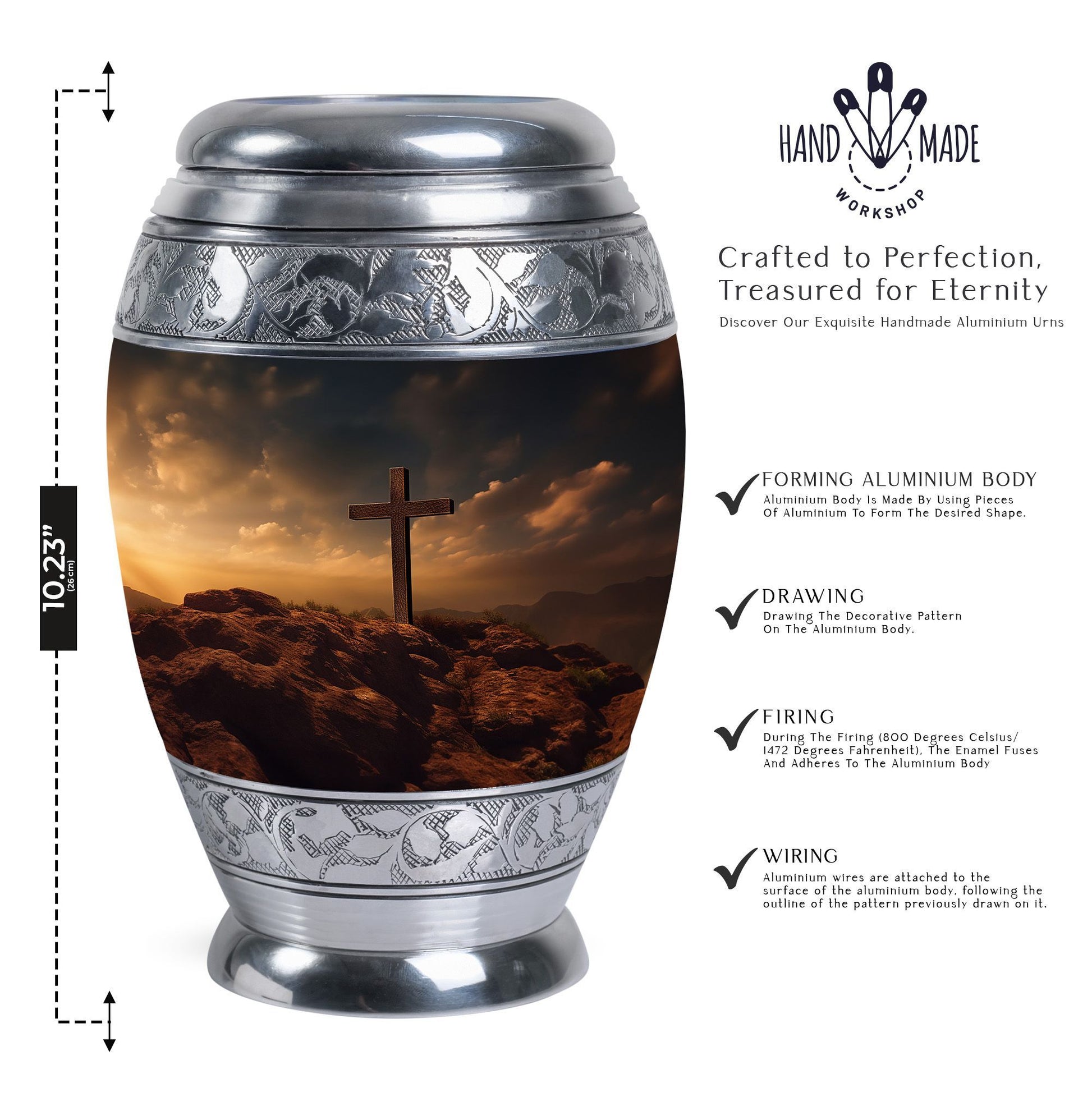 Classic Jesus Christ Cross Cremation Urn made of Aluminium.