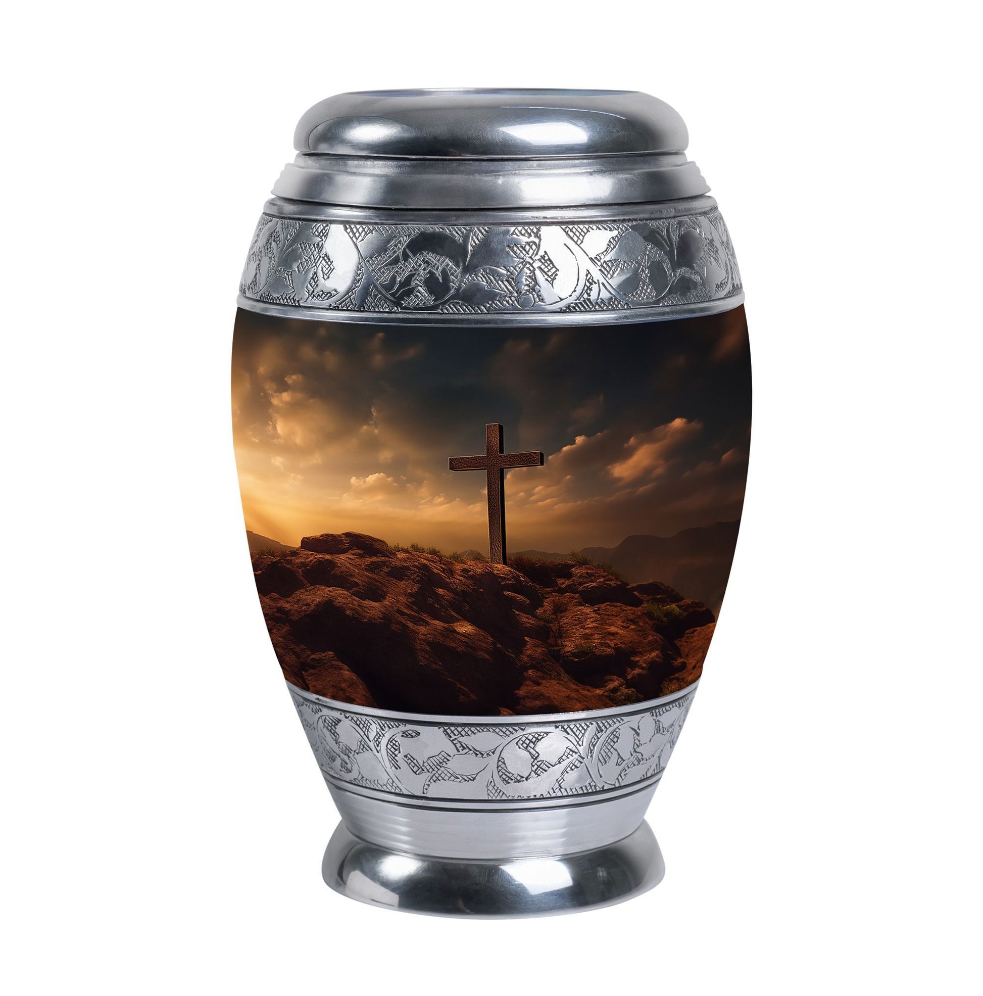 Classic Jesus Christ Cross Cremation Urn made of Aluminium.