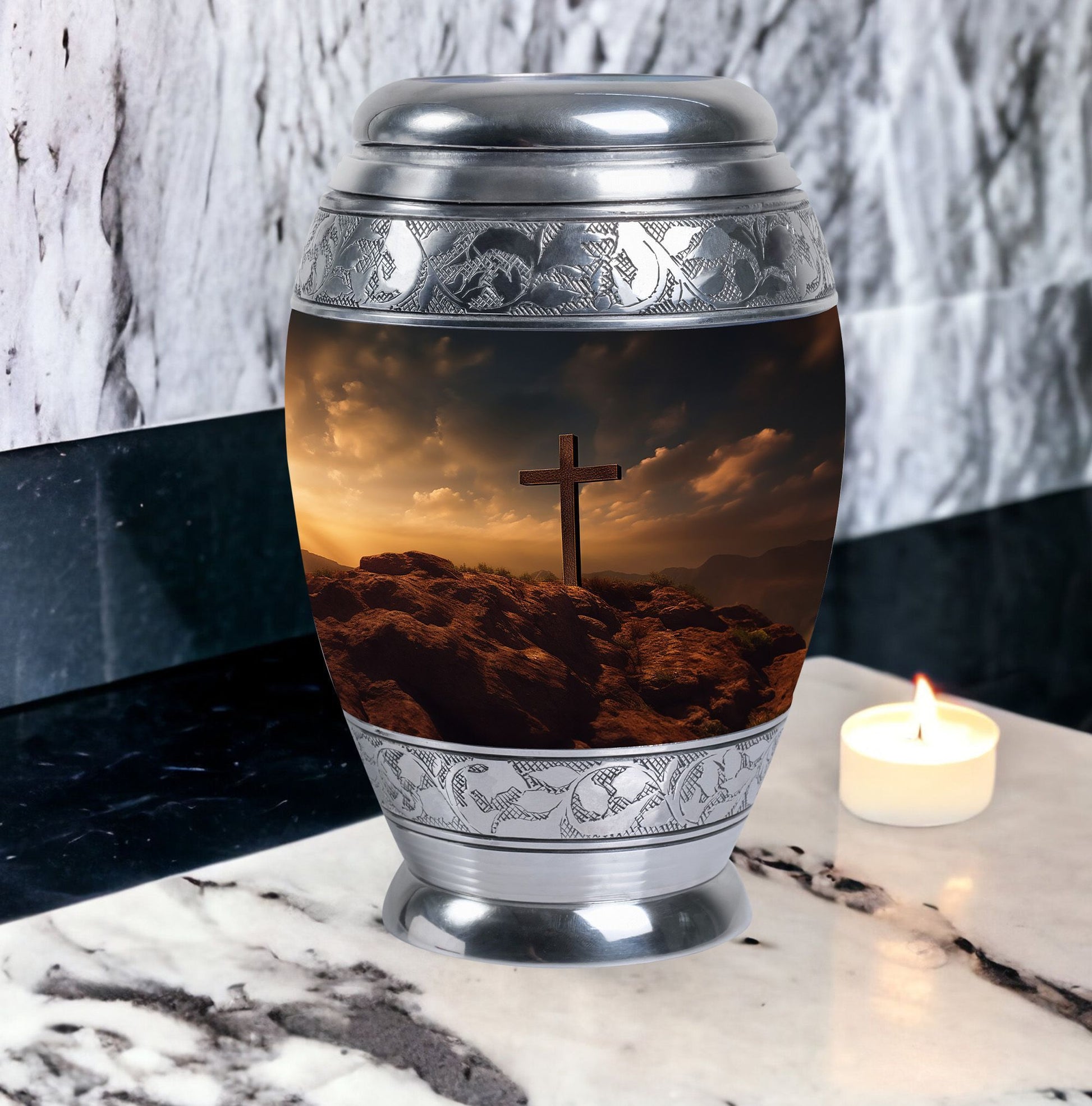 Classic Jesus Christ Cross Cremation Urn made of Aluminium.