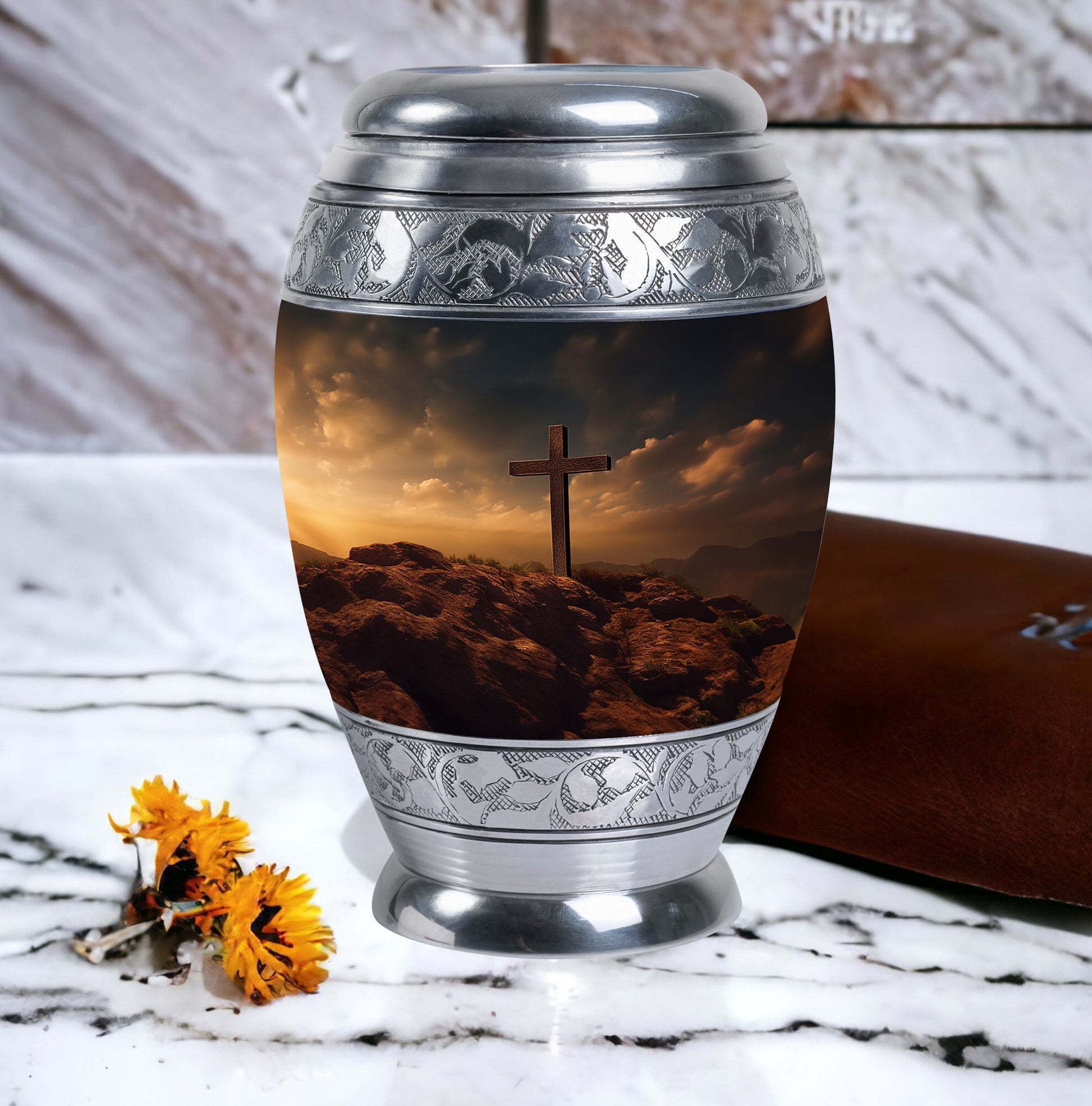 Classic Jesus Christ Cross Cremation Urn made of Aluminium.