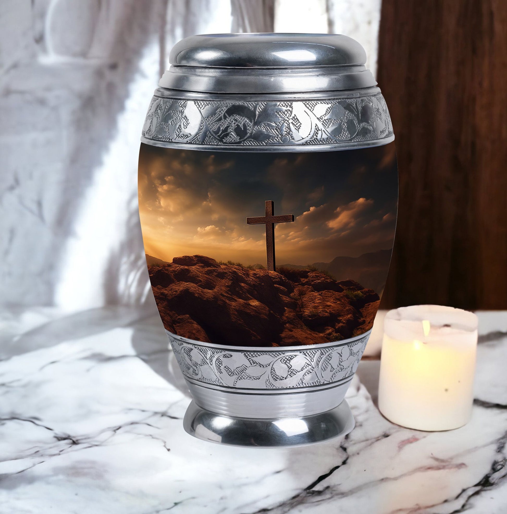 Classic Jesus Christ Cross Cremation Urn made of Aluminium.