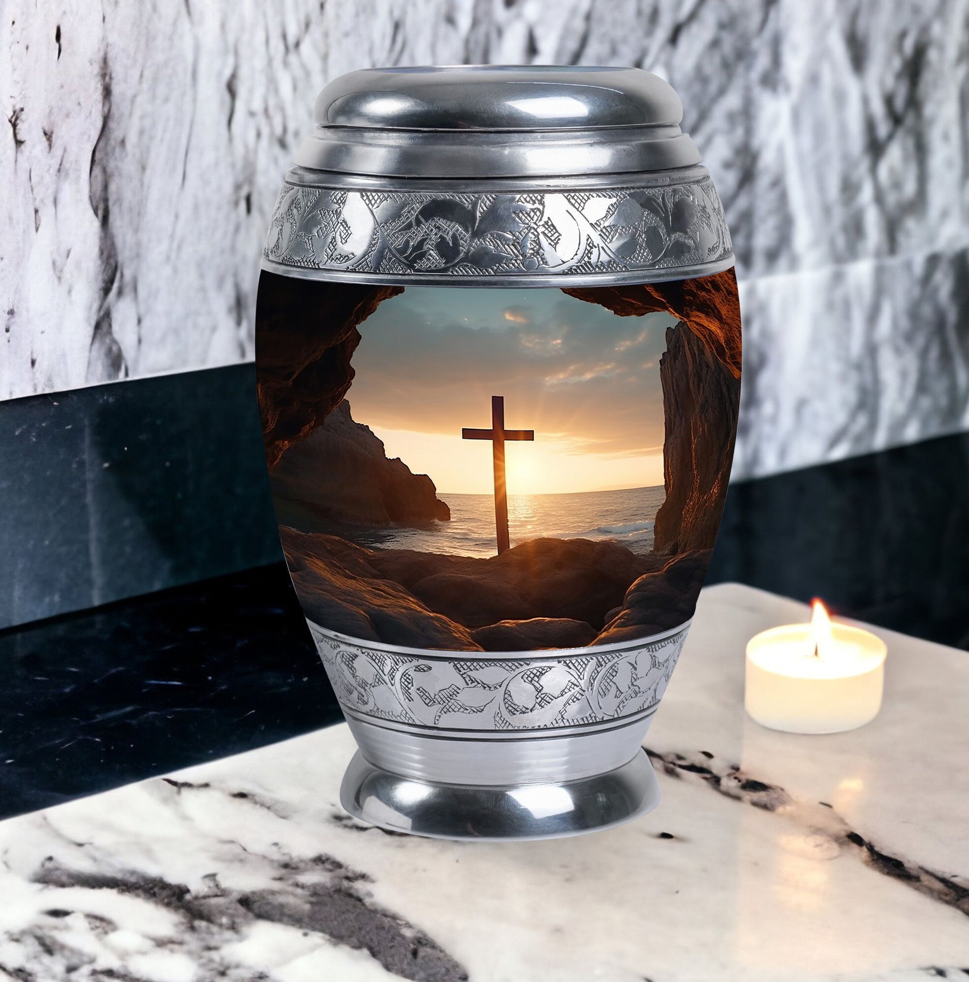 Ocean Jesus Cross Urn for Human Ashes Classic Cremation Urn